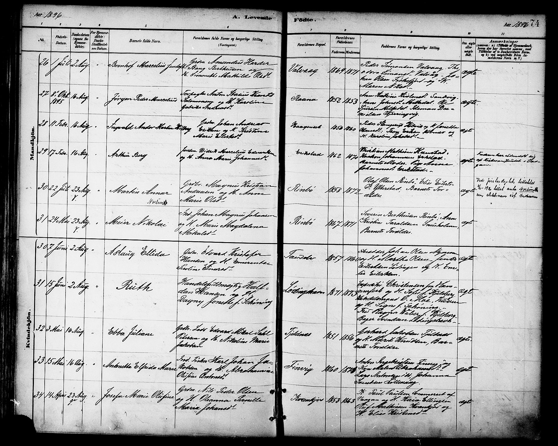 Ministerialprotokoller, klokkerbøker og fødselsregistre - Nordland, AV/SAT-A-1459/872/L1035: Parish register (official) no. 872A10, 1884-1896, p. 74
