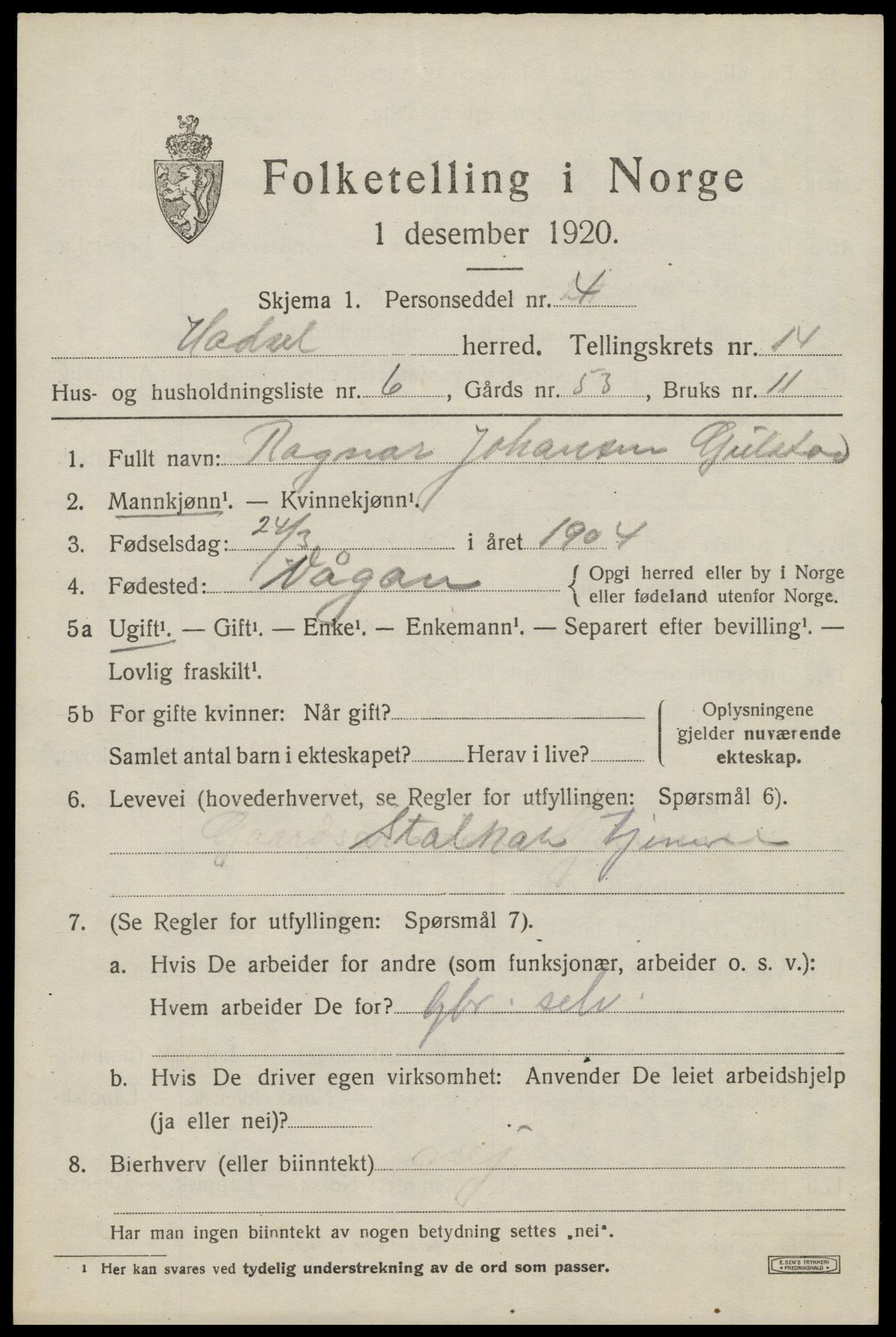 SAT, 1920 census for Hadsel, 1920, p. 11922