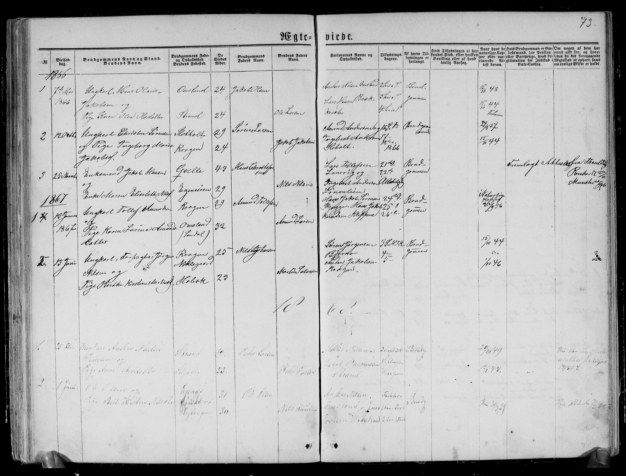Brunlanes kirkebøker, SAKO/A-342/G/Gc/L0001: Parish register (copy) no. III 1, 1866-1890, p. 73
