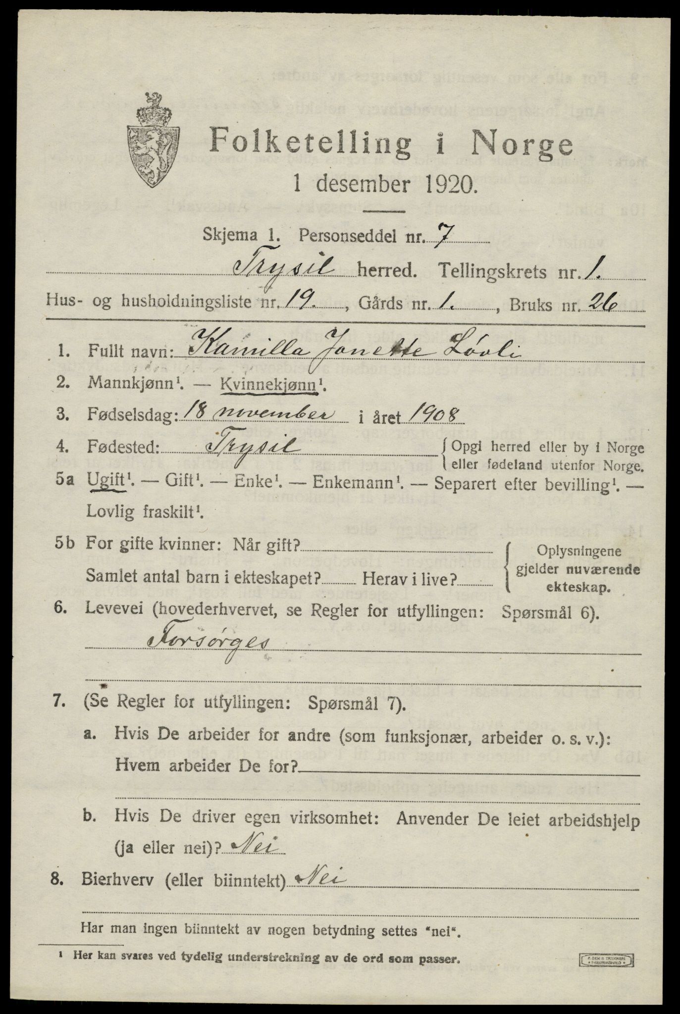 SAH, 1920 census for Trysil, 1920, p. 2787