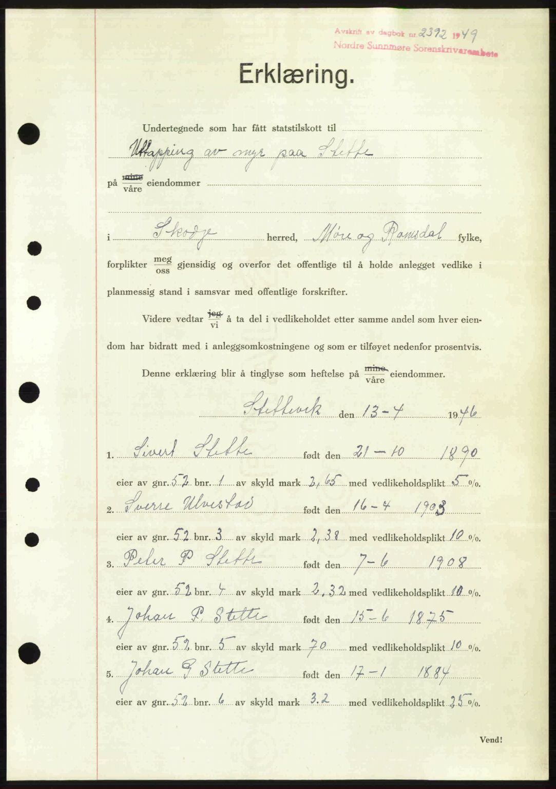 Nordre Sunnmøre sorenskriveri, AV/SAT-A-0006/1/2/2C/2Ca: Mortgage book no. A32, 1949-1949, Diary no: : 2392/1949