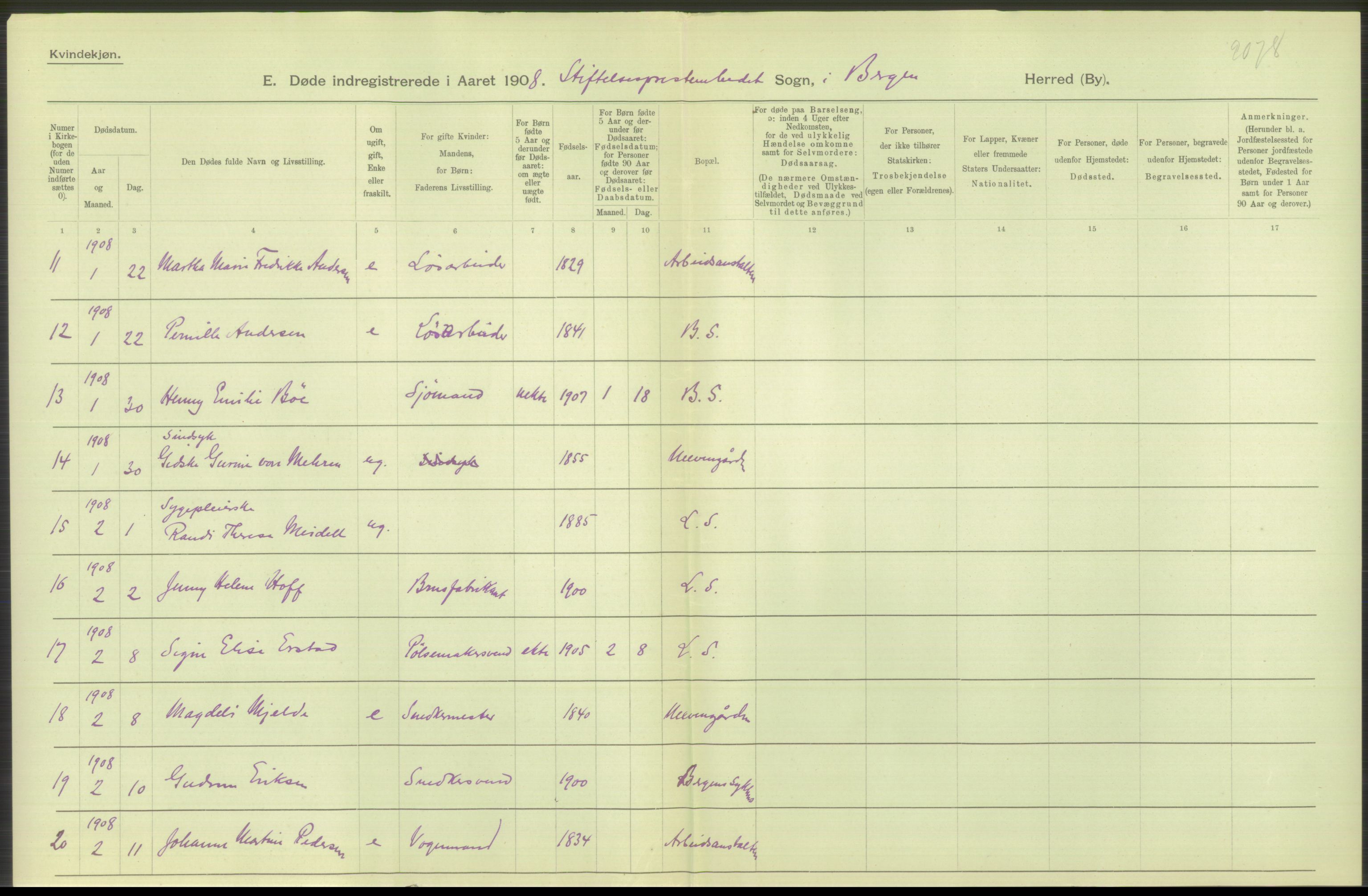Statistisk sentralbyrå, Sosiodemografiske emner, Befolkning, AV/RA-S-2228/D/Df/Dfa/Dfaf/L0031: Bergen: Gifte, døde, dødfødte., 1908, p. 6