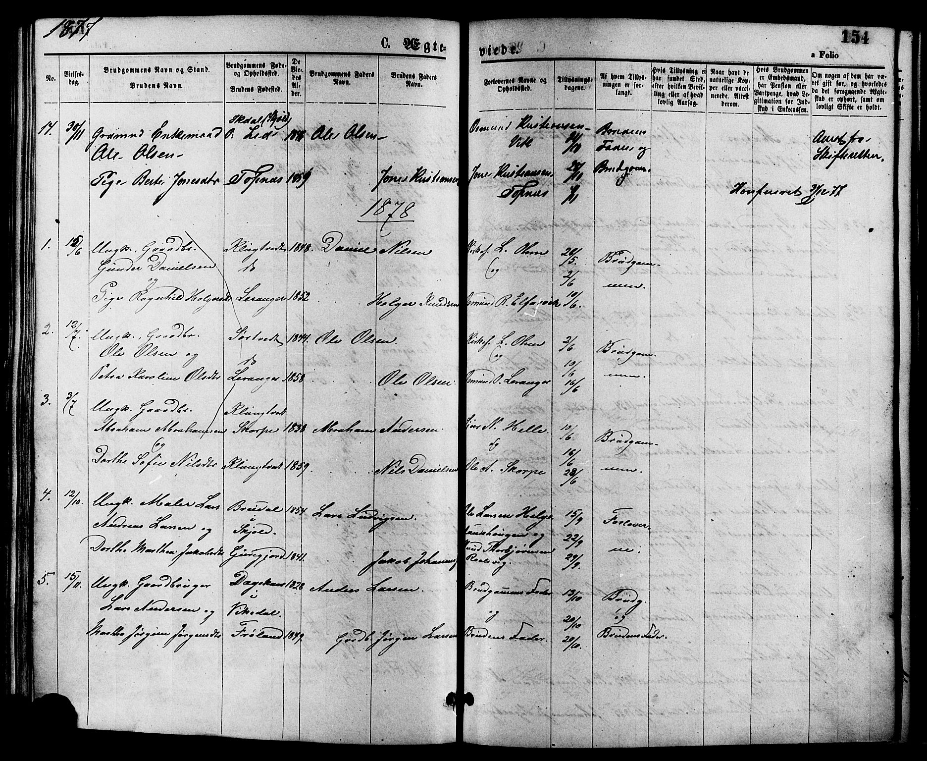 Nedstrand sokneprestkontor, SAST/A-101841/01/IV: Parish register (official) no. A 11, 1877-1887, p. 154