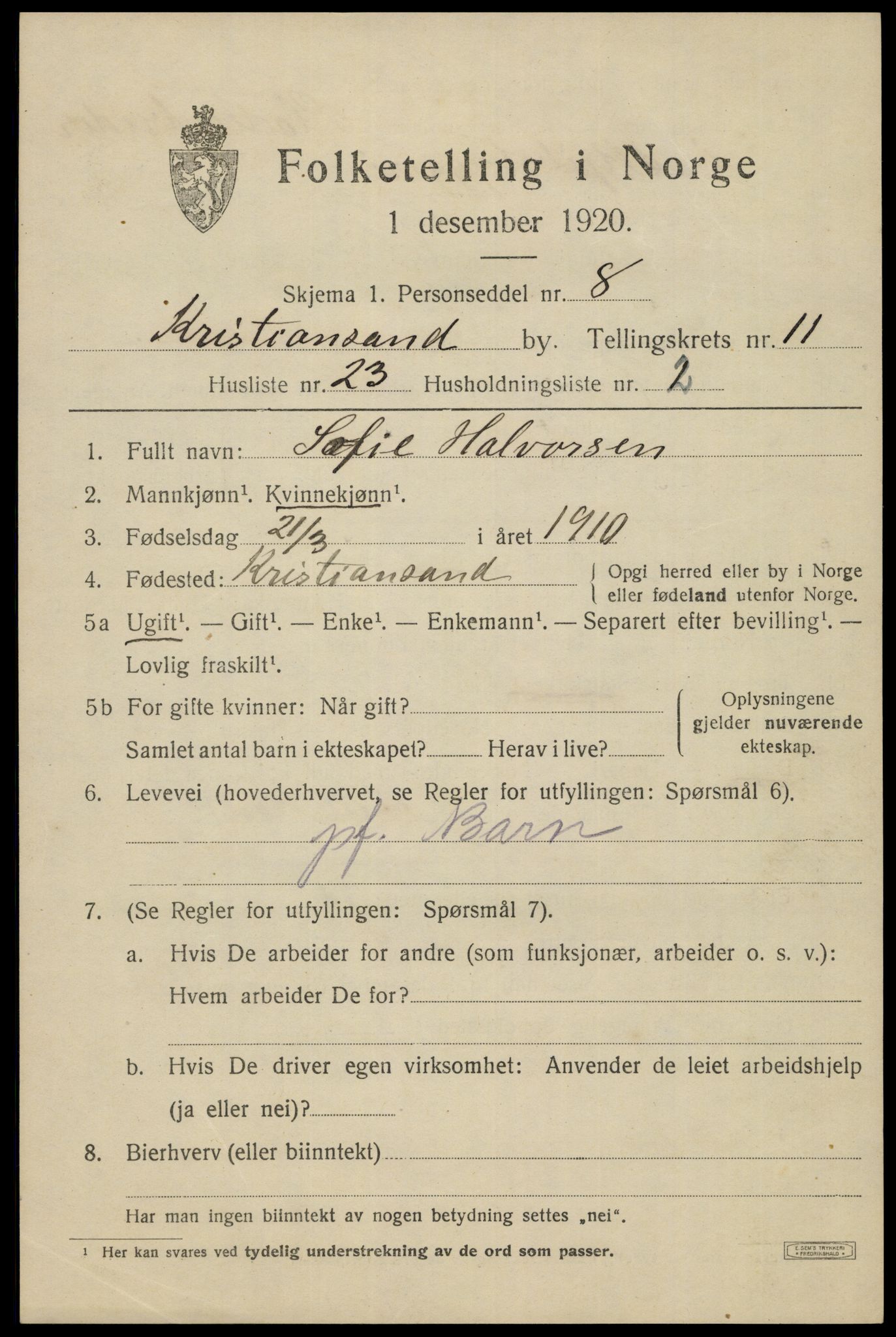 SAK, 1920 census for Kristiansand, 1920, p. 25047