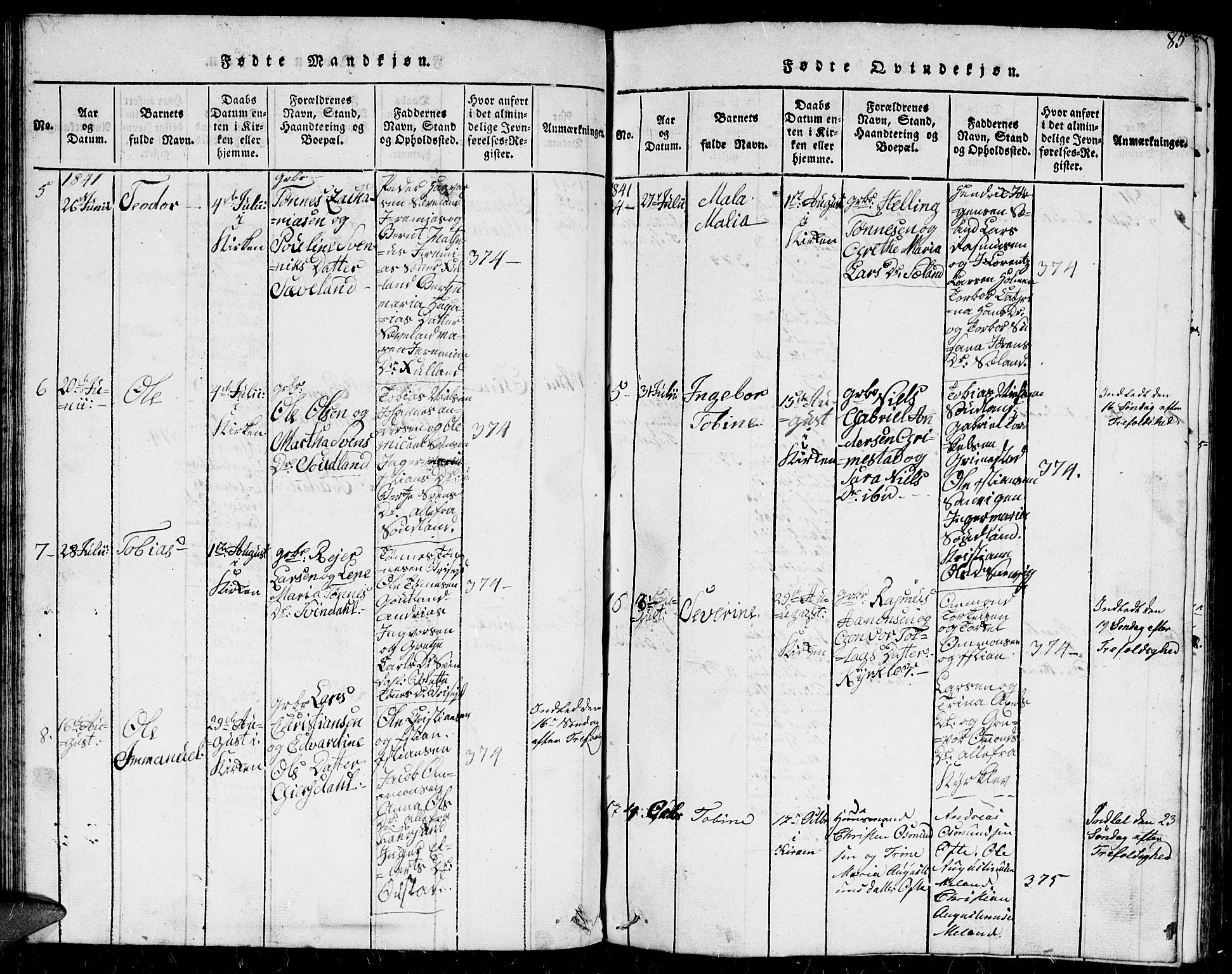 Herad sokneprestkontor, AV/SAK-1111-0018/F/Fb/Fba/L0001: Parish register (copy) no. B 1, 1815-1852, p. 85