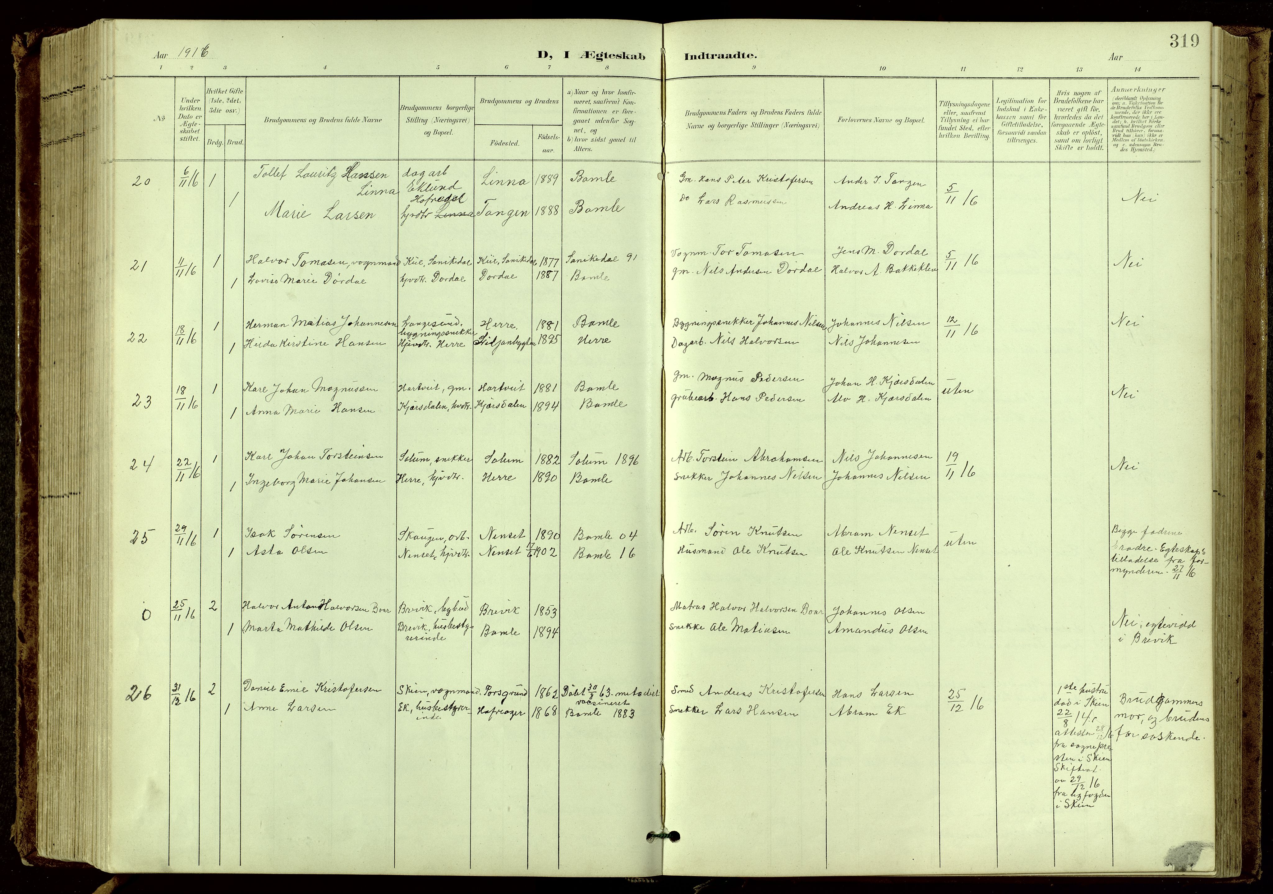Bamble kirkebøker, SAKO/A-253/G/Ga/L0010: Parish register (copy) no. I 10, 1901-1919, p. 319