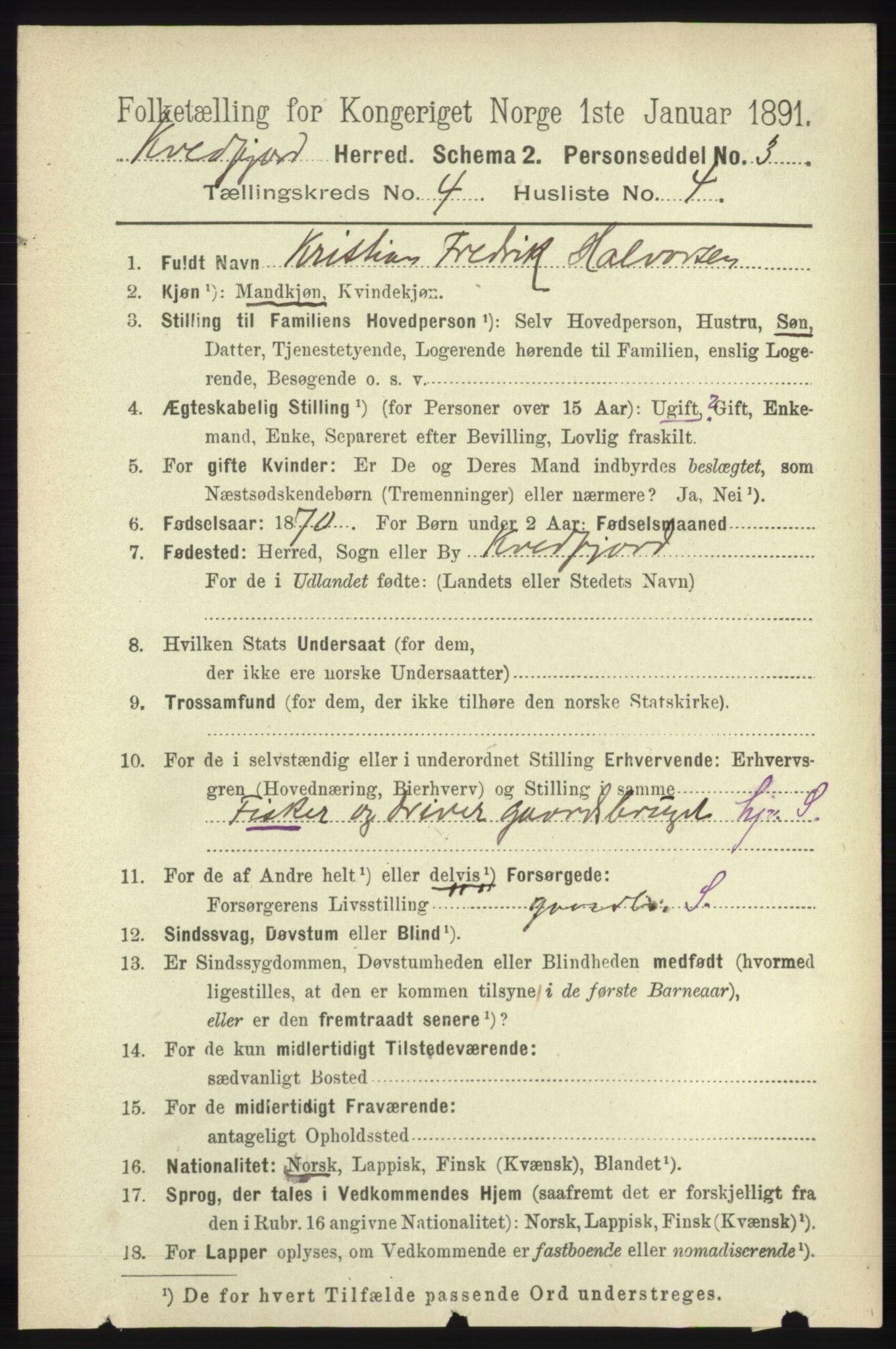 RA, 1891 census for 1911 Kvæfjord, 1891, p. 1909