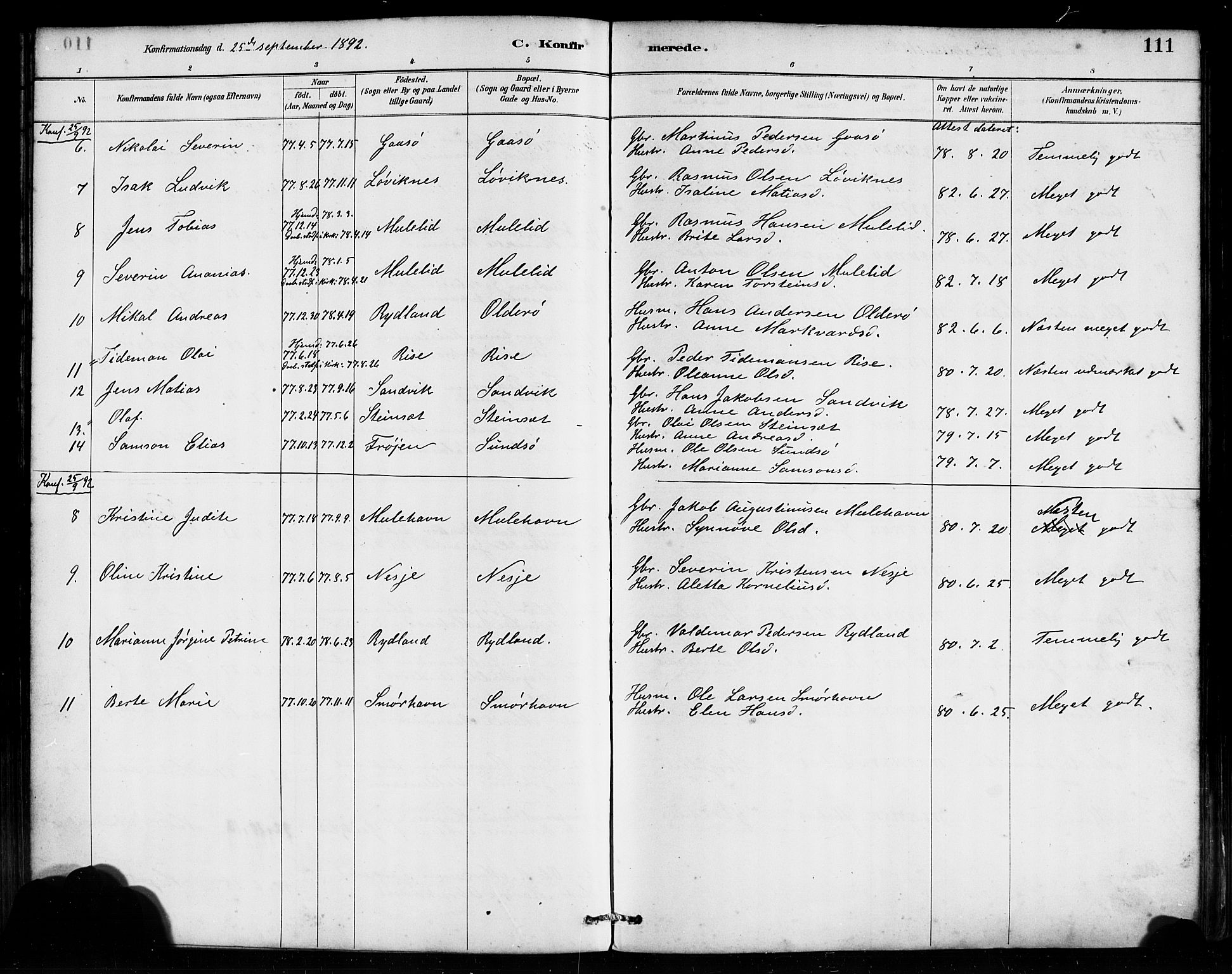 Bremanger sokneprestembete, AV/SAB-A-82201/H/Haa/Haab/L0001: Parish register (official) no. B 1, 1884-1895, p. 111