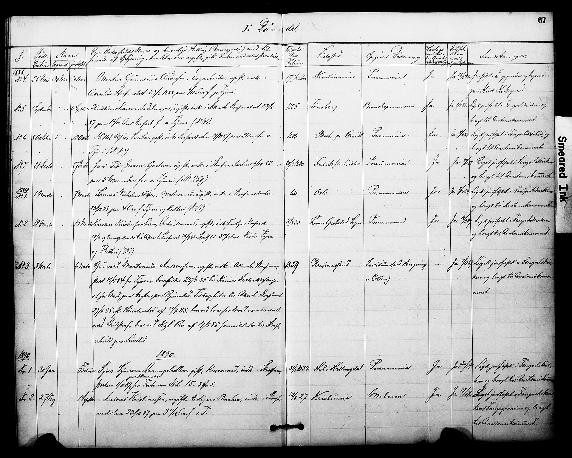 Akershus festnings slaveri Kirkebøker, SAO/A-10841/F/Fa/L0003: Parish register (official) no. 3, 1884-1912, p. 67