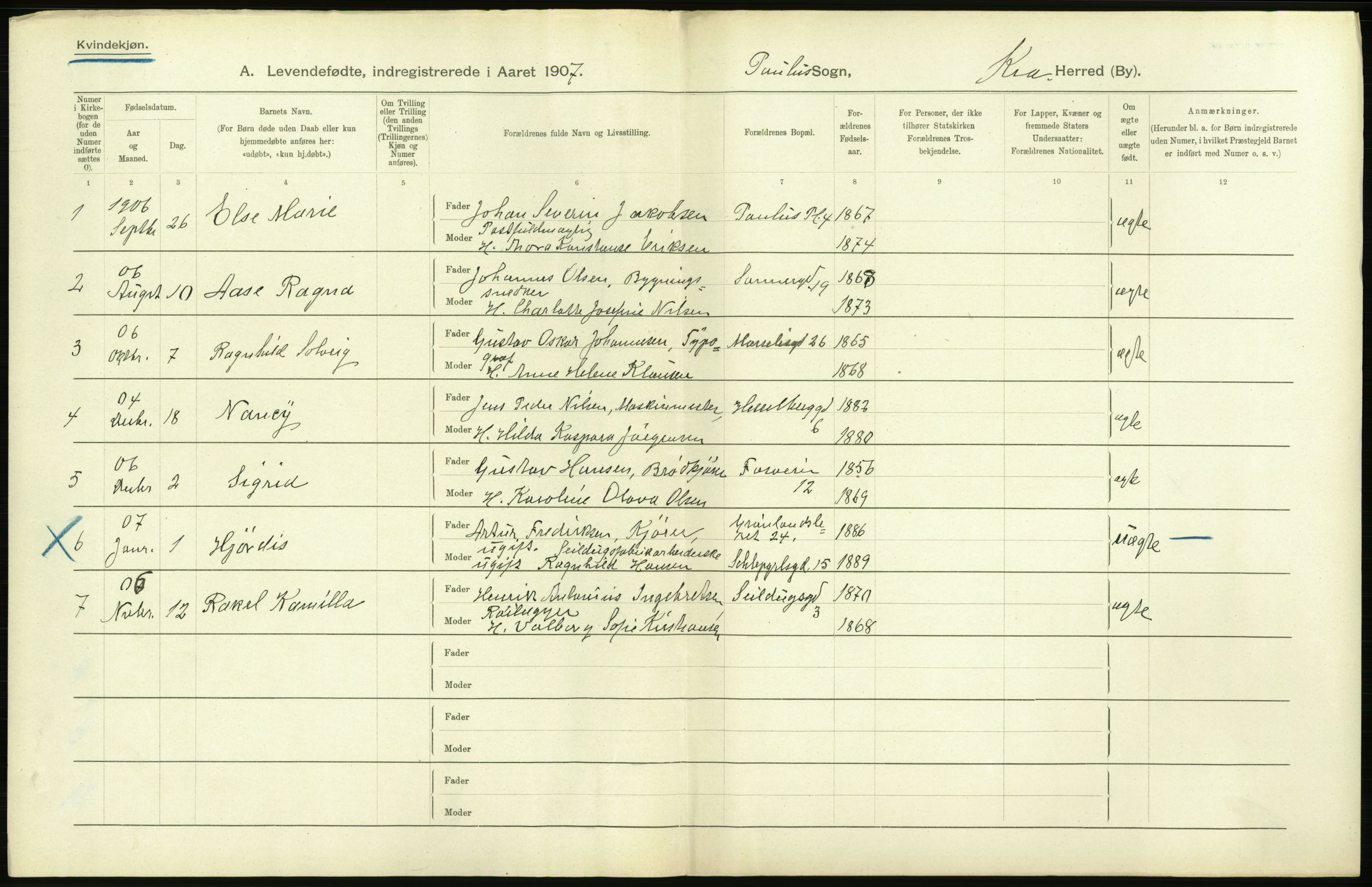 Statistisk sentralbyrå, Sosiodemografiske emner, Befolkning, AV/RA-S-2228/D/Df/Dfa/Dfae/L0006: Kristiania: Levendefødte menn og kvinner., 1907, p. 560