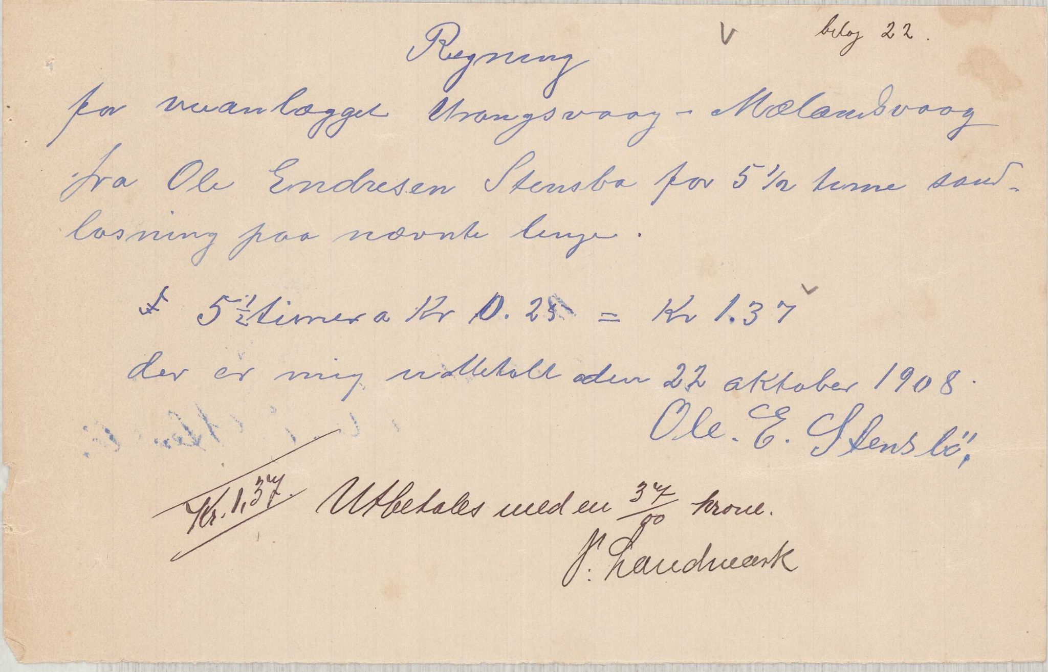 Finnaas kommune. Formannskapet, IKAH/1218a-021/E/Ea/L0002/0005: Rekneskap for veganlegg / Rekneskap for veganlegget Urangsvåg - Mælandsvåg, 1907-1909, p. 58