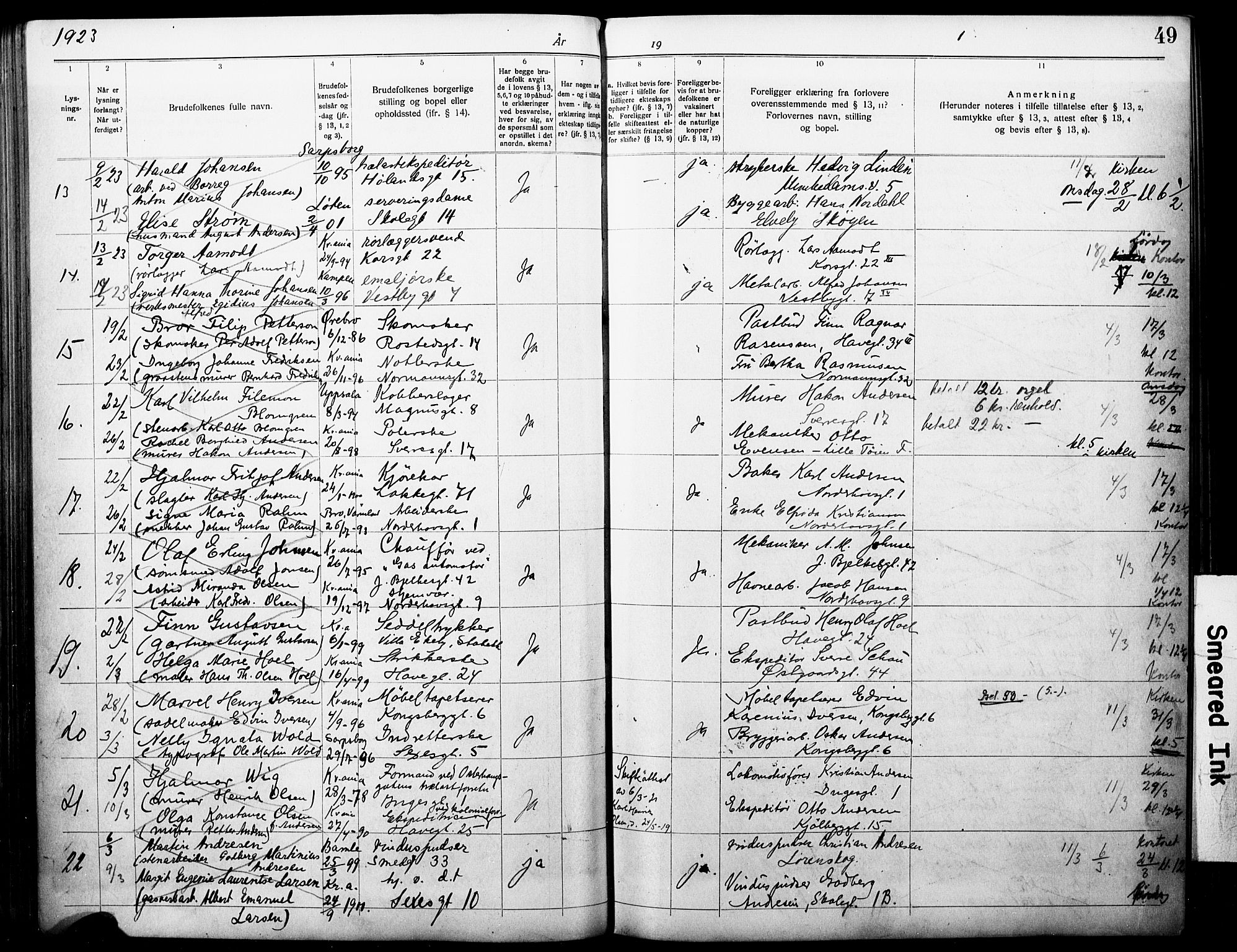 Kampen prestekontor Kirkebøker, SAO/A-10853/H/Ha/L0005: Banns register no. 5, 1920-1927, p. 49