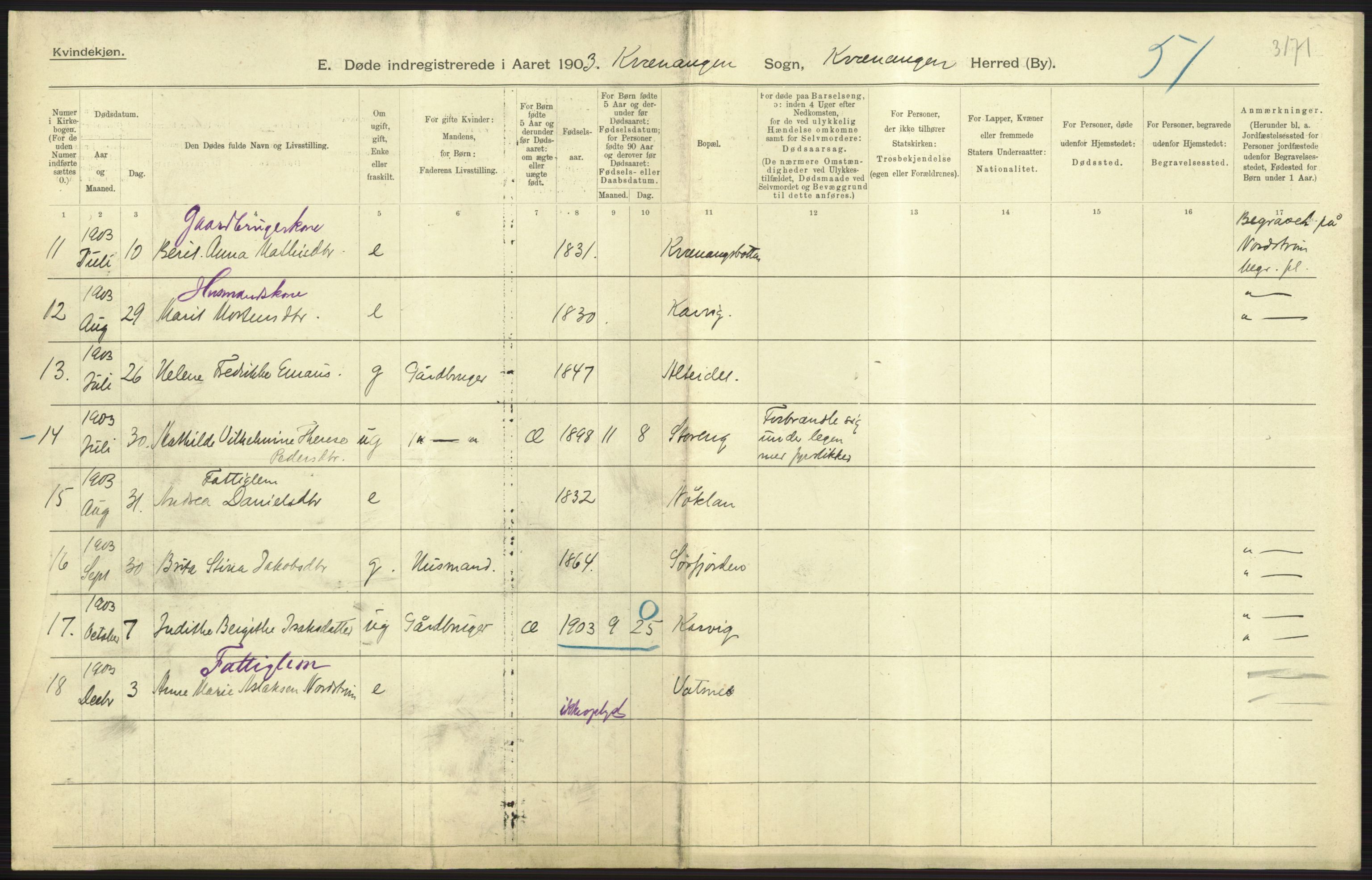 Statistisk sentralbyrå, Sosiodemografiske emner, Befolkning, AV/RA-S-2228/D/Df/Dfa/Dfaa/L0021: Tromsø amt: Fødte, gifte, døde., 1903, p. 391