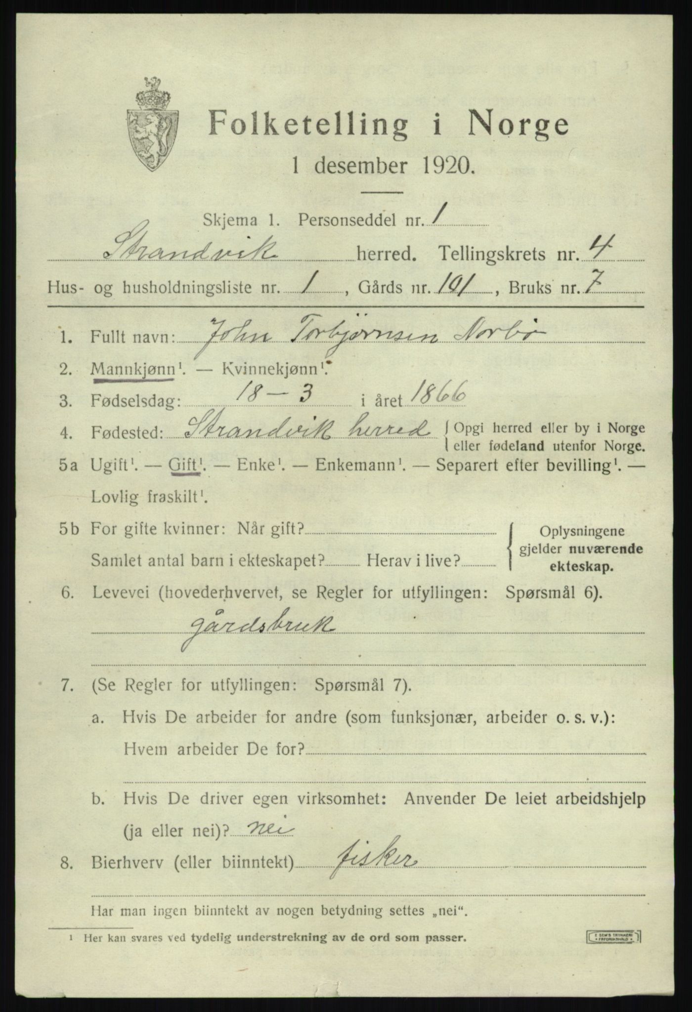 SAB, 1920 census for Strandvik, 1920, p. 3148