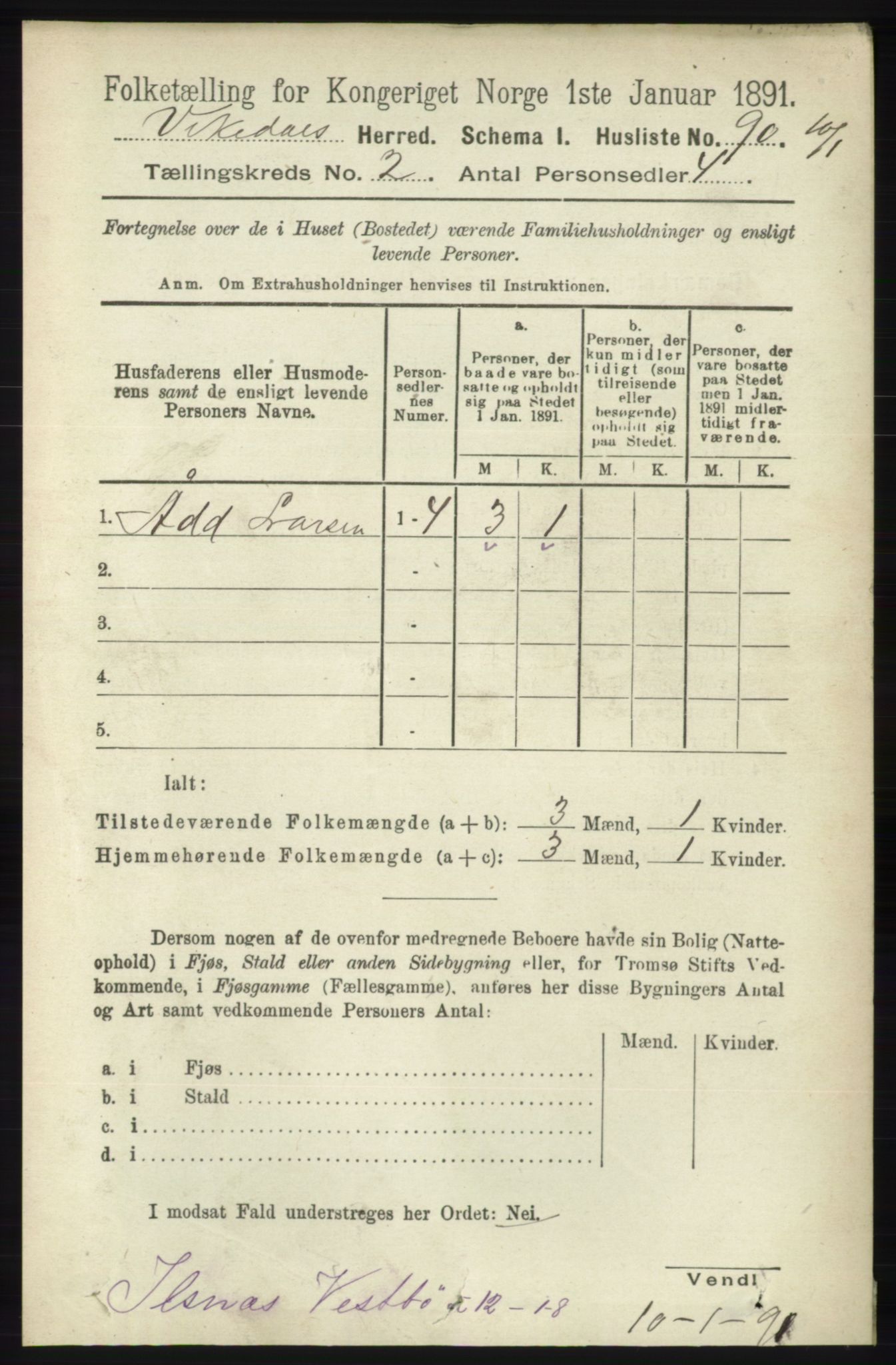 RA, 1891 census for 1157 Vikedal, 1891, p. 285