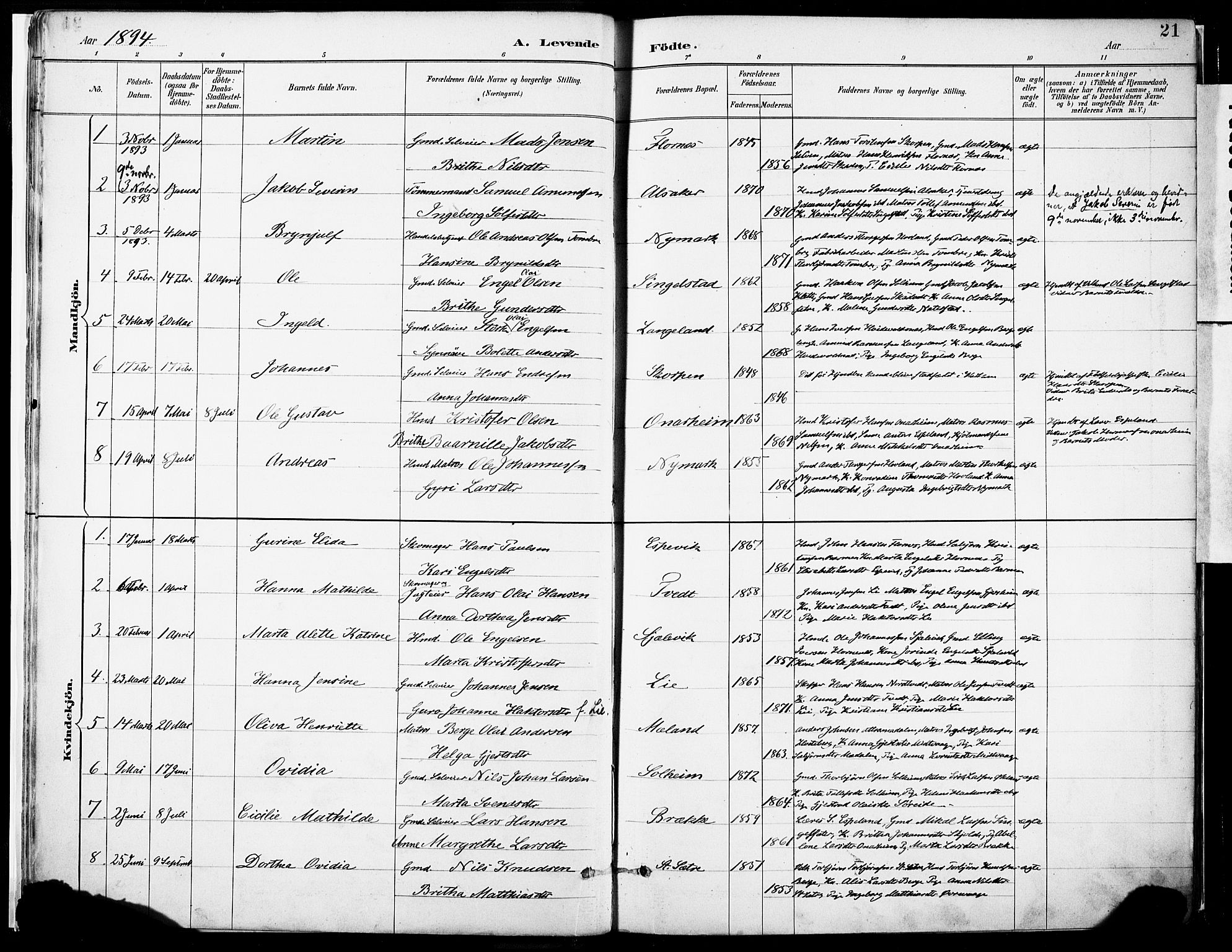 Tysnes sokneprestembete, AV/SAB-A-78601/H/Haa: Parish register (official) no. C 1, 1887-1912, p. 21