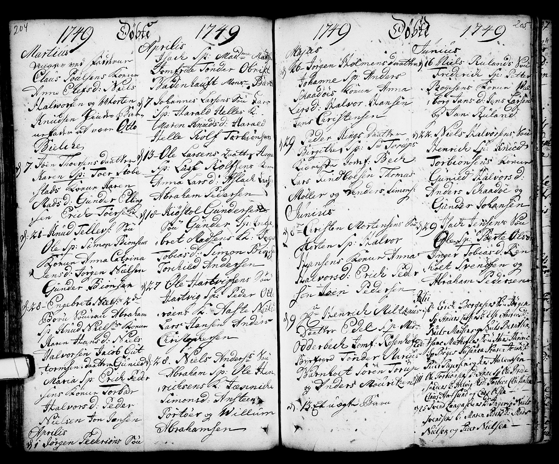 Kragerø kirkebøker, SAKO/A-278/F/Fa/L0001: Parish register (official) no. 1, 1702-1766, p. 204-205