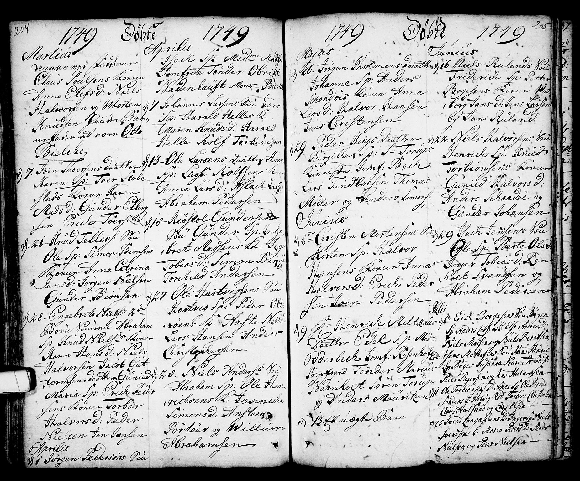 Kragerø kirkebøker, AV/SAKO-A-278/F/Fa/L0001: Parish register (official) no. 1, 1702-1766, p. 204-205