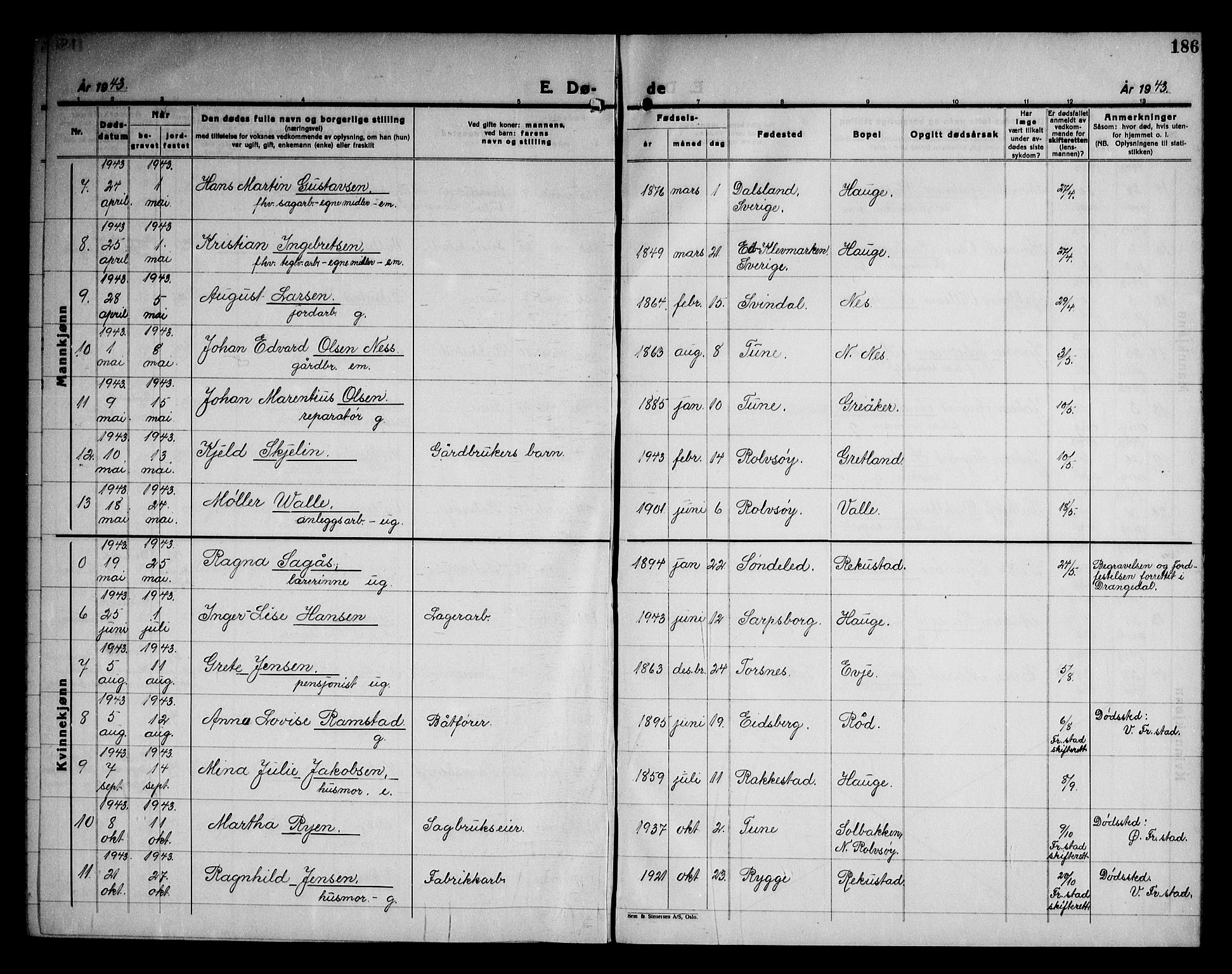 Rolvsøy prestekontor Kirkebøker, AV/SAO-A-2004/G/Ga/L0003: Parish register (copy) no. 3, 1935-1947, p. 186