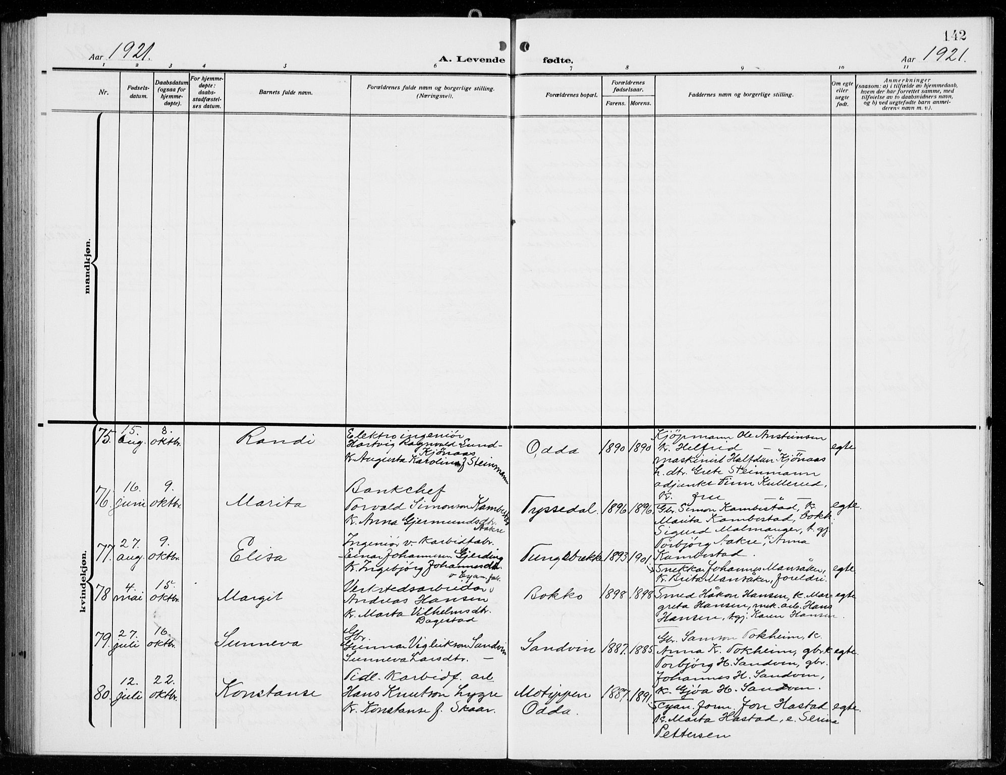 Odda Sokneprestembete, AV/SAB-A-77201/H/Hab: Parish register (copy) no. B  2, 1910-1923, p. 142