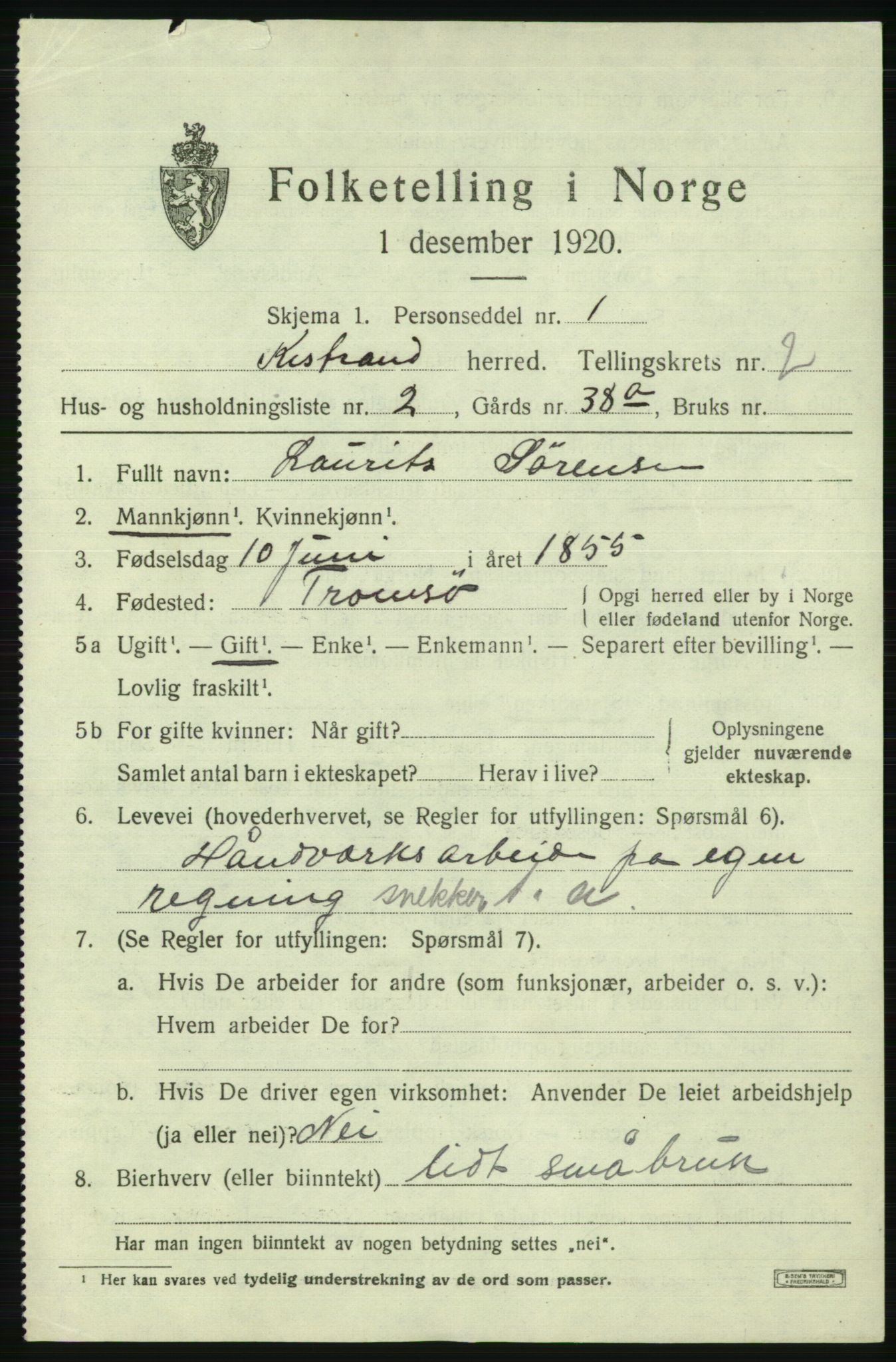 SATØ, 1920 census for Kistrand, 1920, p. 1502