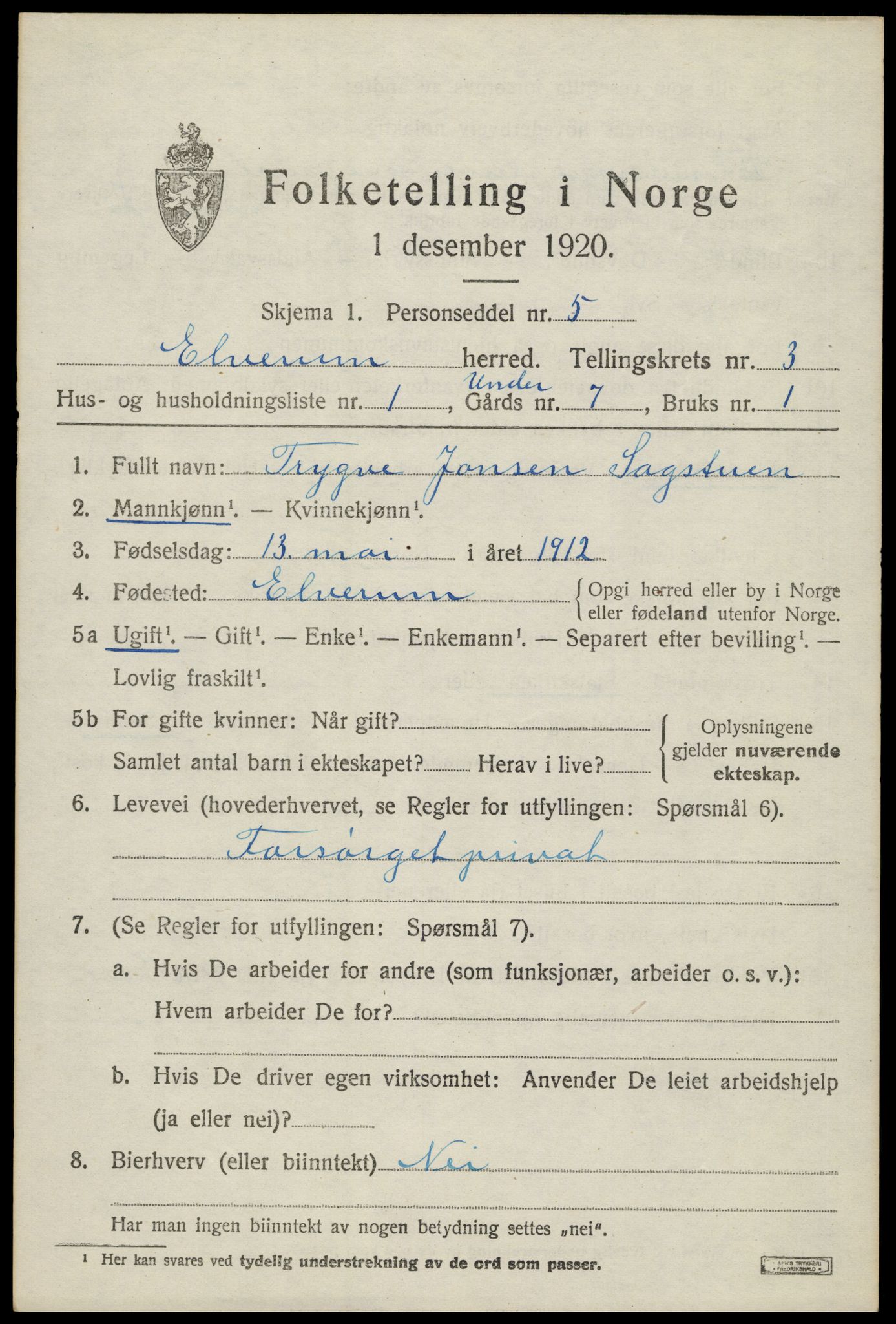 SAH, 1920 census for Elverum, 1920, p. 5992