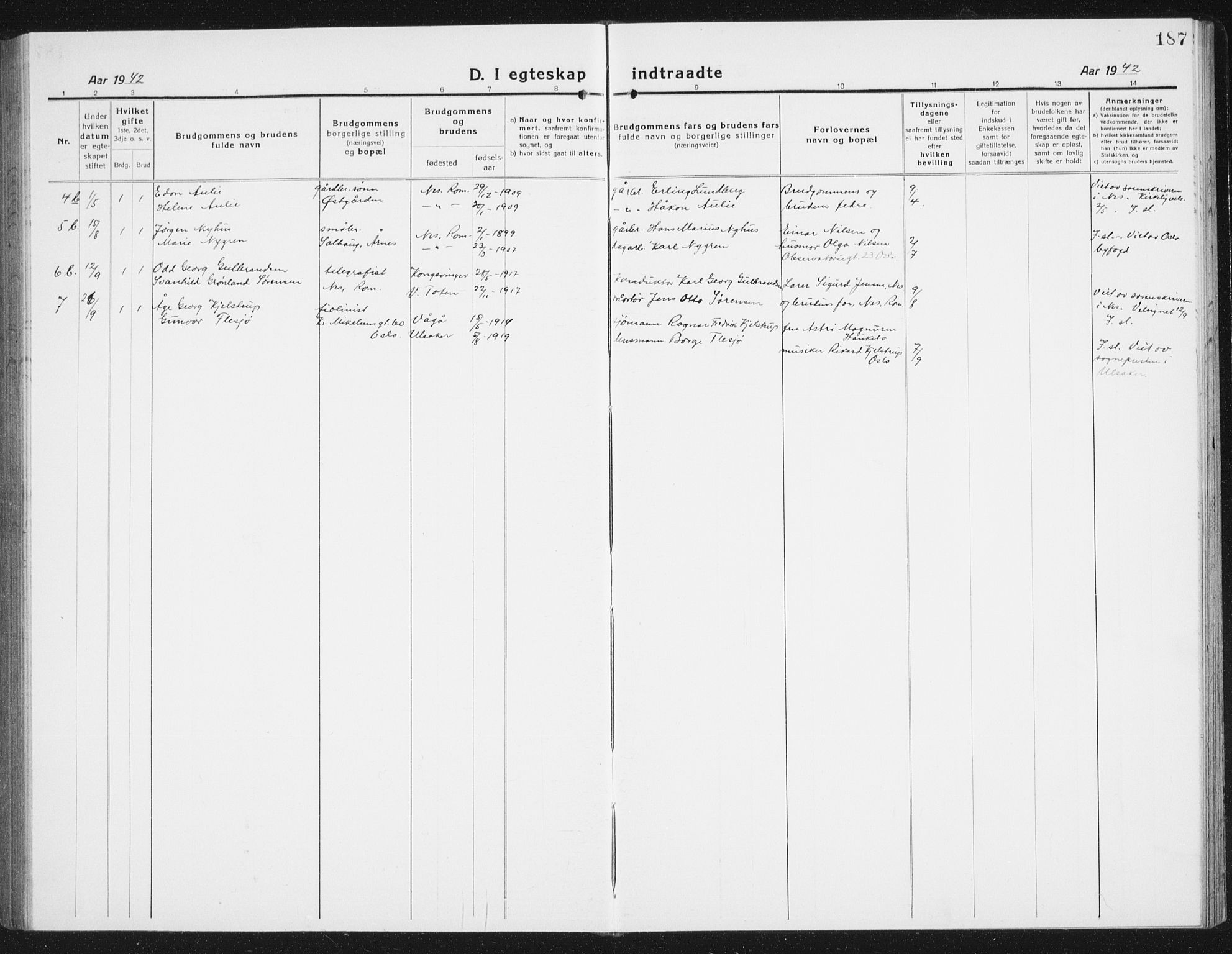 Nes prestekontor Kirkebøker, AV/SAO-A-10410/G/Gc/L0002: Parish register (copy) no. III 2, 1915-1943, p. 187