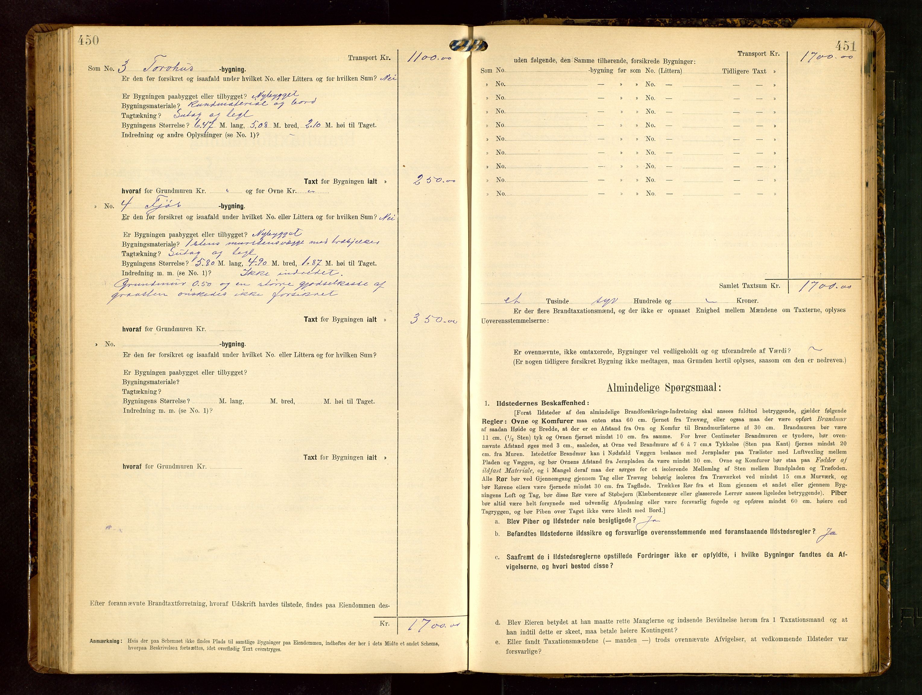 Håland lensmannskontor, AV/SAST-A-100100/Gob/L0003: Branntakstprotokoll - skjematakst. Register i boken., 1909-1910, p. 450-451