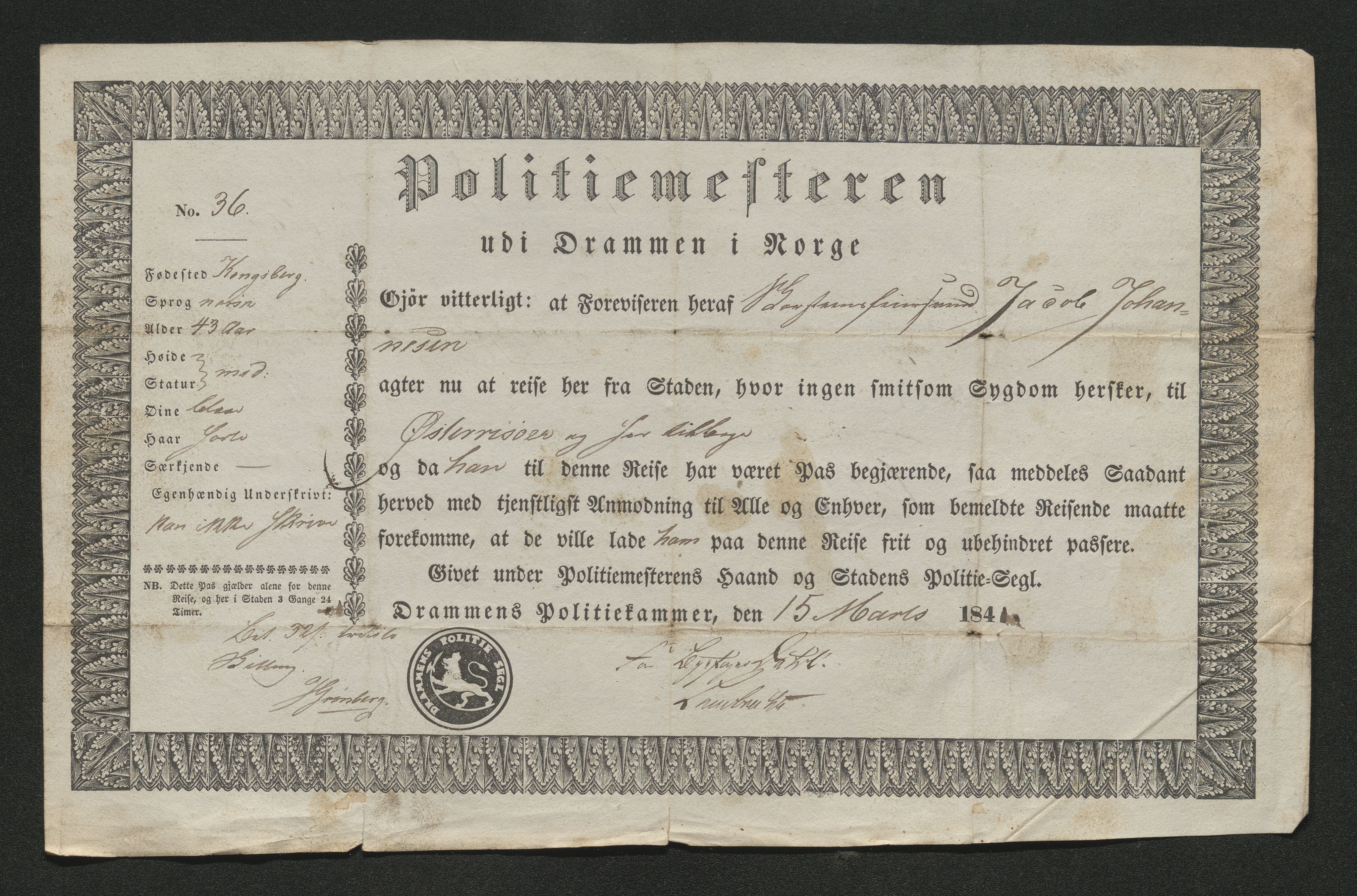 Drammen politikammer, SAKO/A-623/I/Ia/Iab/L0006: Innleverte pass, 1841-1842, p. 260