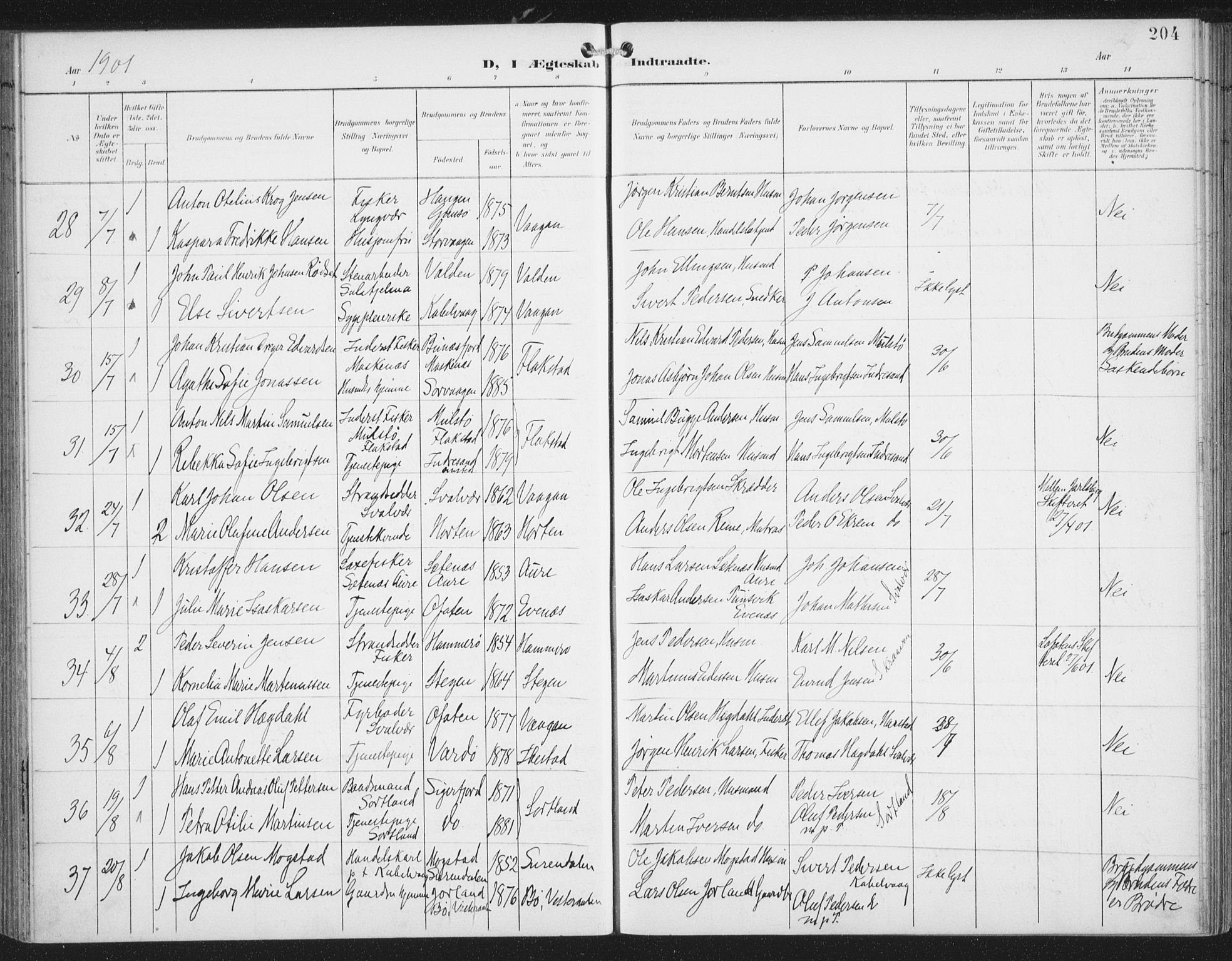 Ministerialprotokoller, klokkerbøker og fødselsregistre - Nordland, AV/SAT-A-1459/874/L1062: Parish register (official) no. 874A06, 1899-1907, p. 204