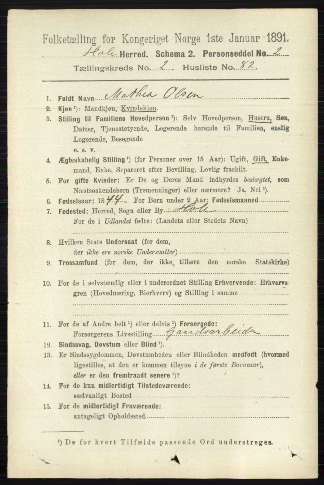 RA, 1891 census for 0612 Hole, 1891, p. 1116