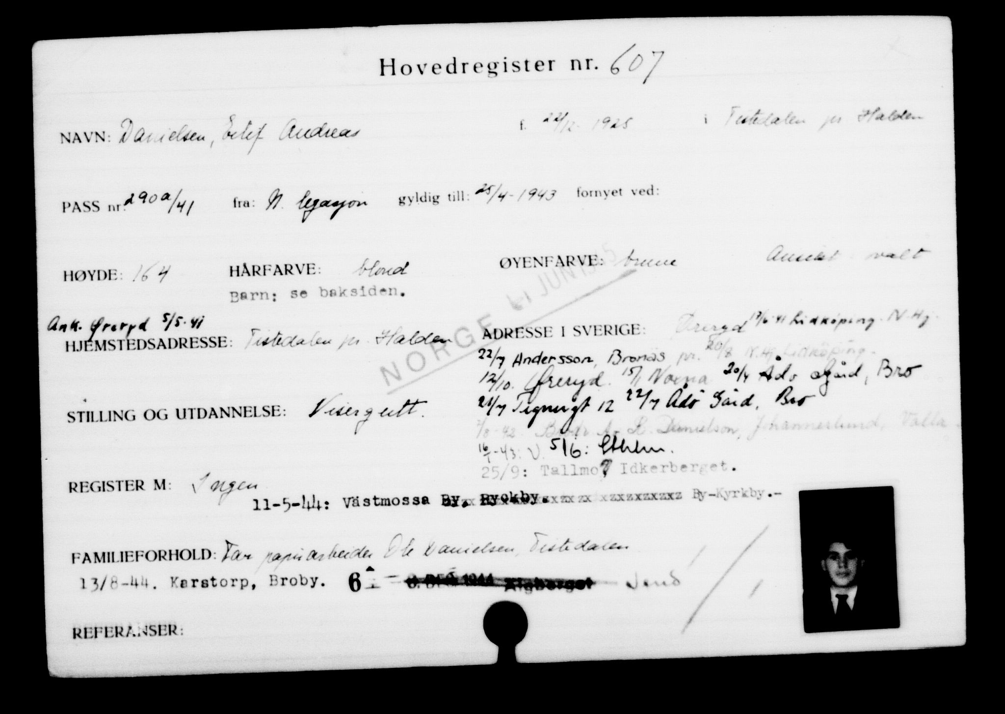 Utenriksstasjonene, Legasjonen i Stockholm, Flyktningkontoret, AV/RA-S-6753/V/Va/L0001: Kjesäterkartoteket, flyktninger med registreringsnr. 1-1000, 1940-1945, p. 950