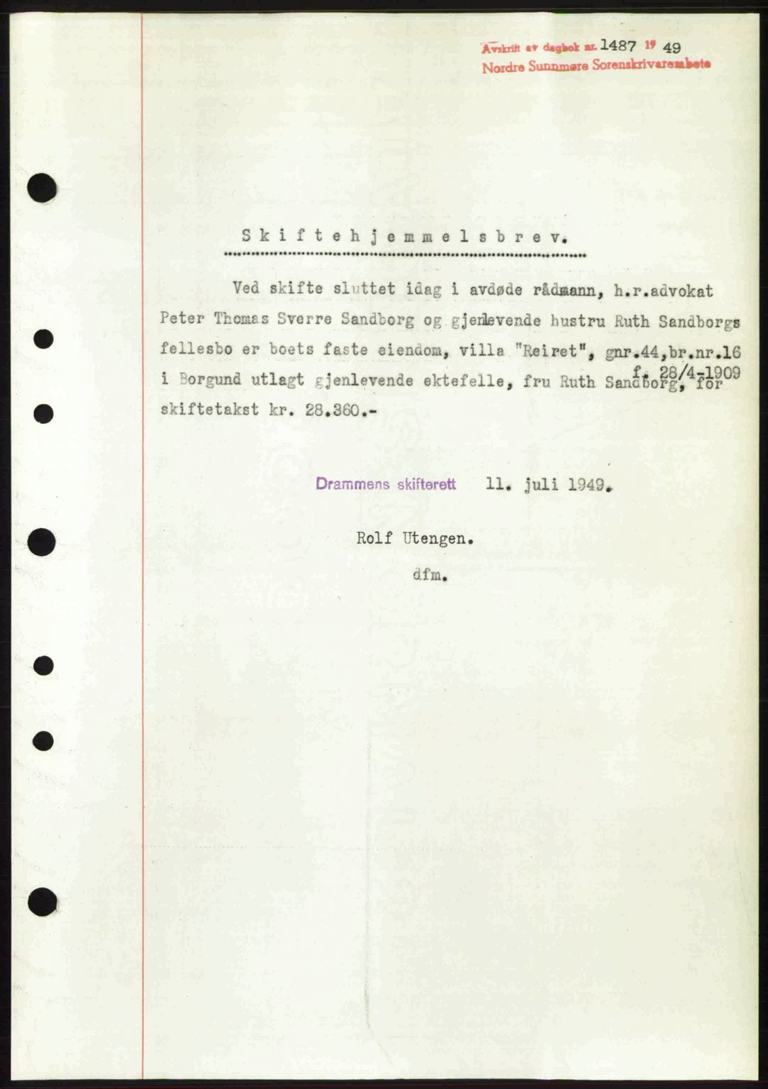 Nordre Sunnmøre sorenskriveri, AV/SAT-A-0006/1/2/2C/2Ca: Mortgage book no. A31, 1949-1949, Diary no: : 1487/1949