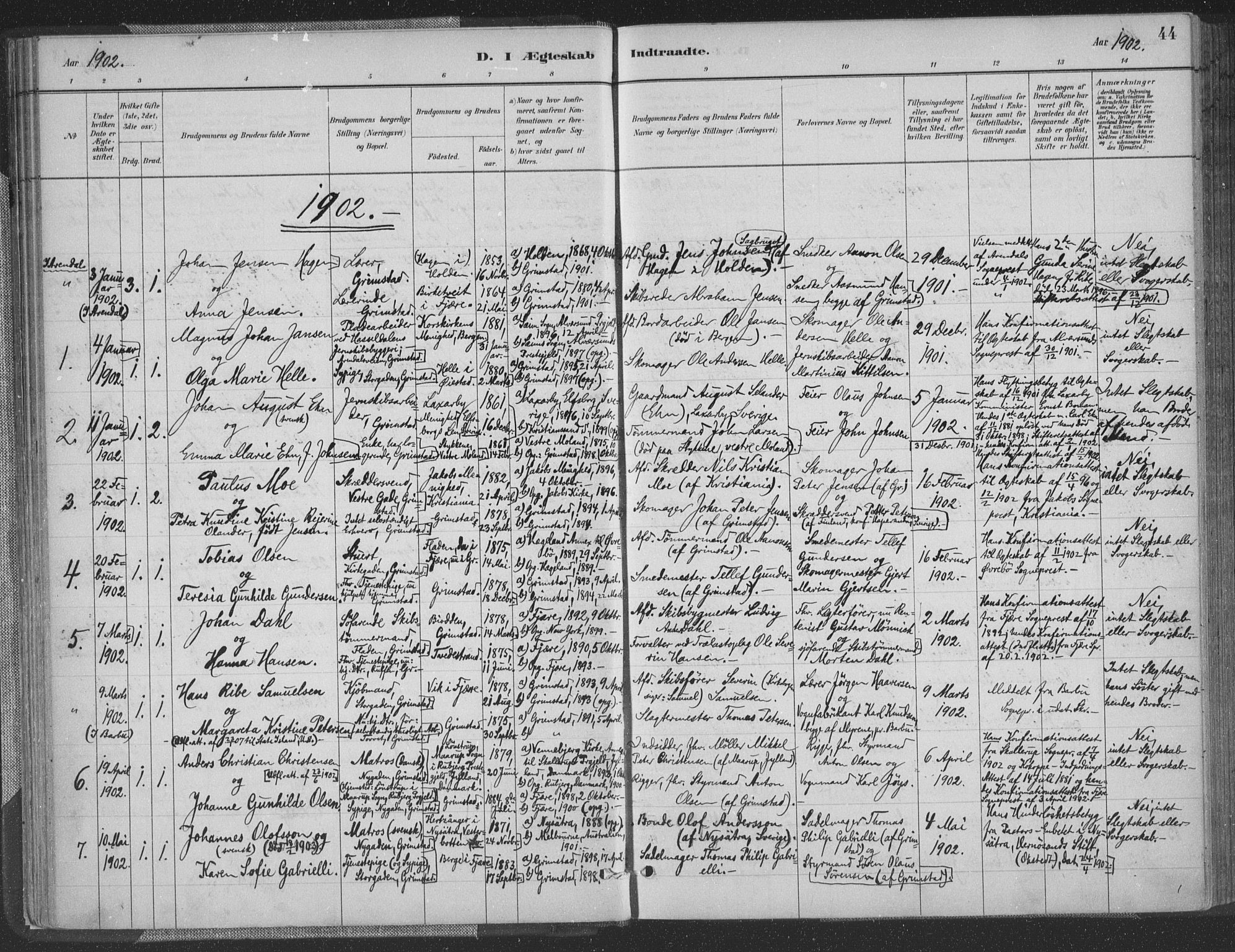 Grimstad sokneprestkontor, SAK/1111-0017/F/Fa/L0004: Parish register (official) no. A 3, 1882-1910, p. 44