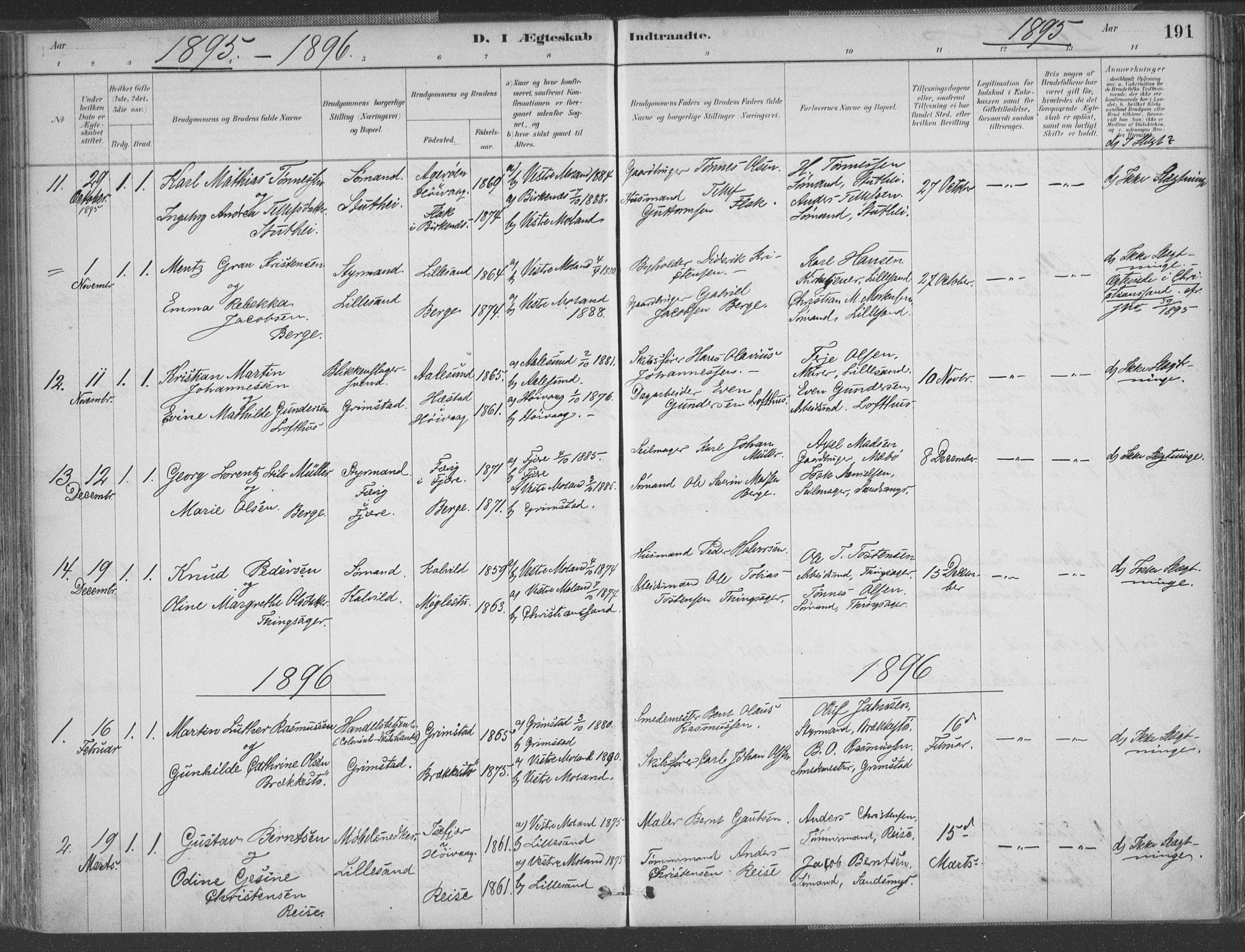 Vestre Moland sokneprestkontor, SAK/1111-0046/F/Fa/Fab/L0009: Parish register (official) no. A 9, 1884-1899, p. 191