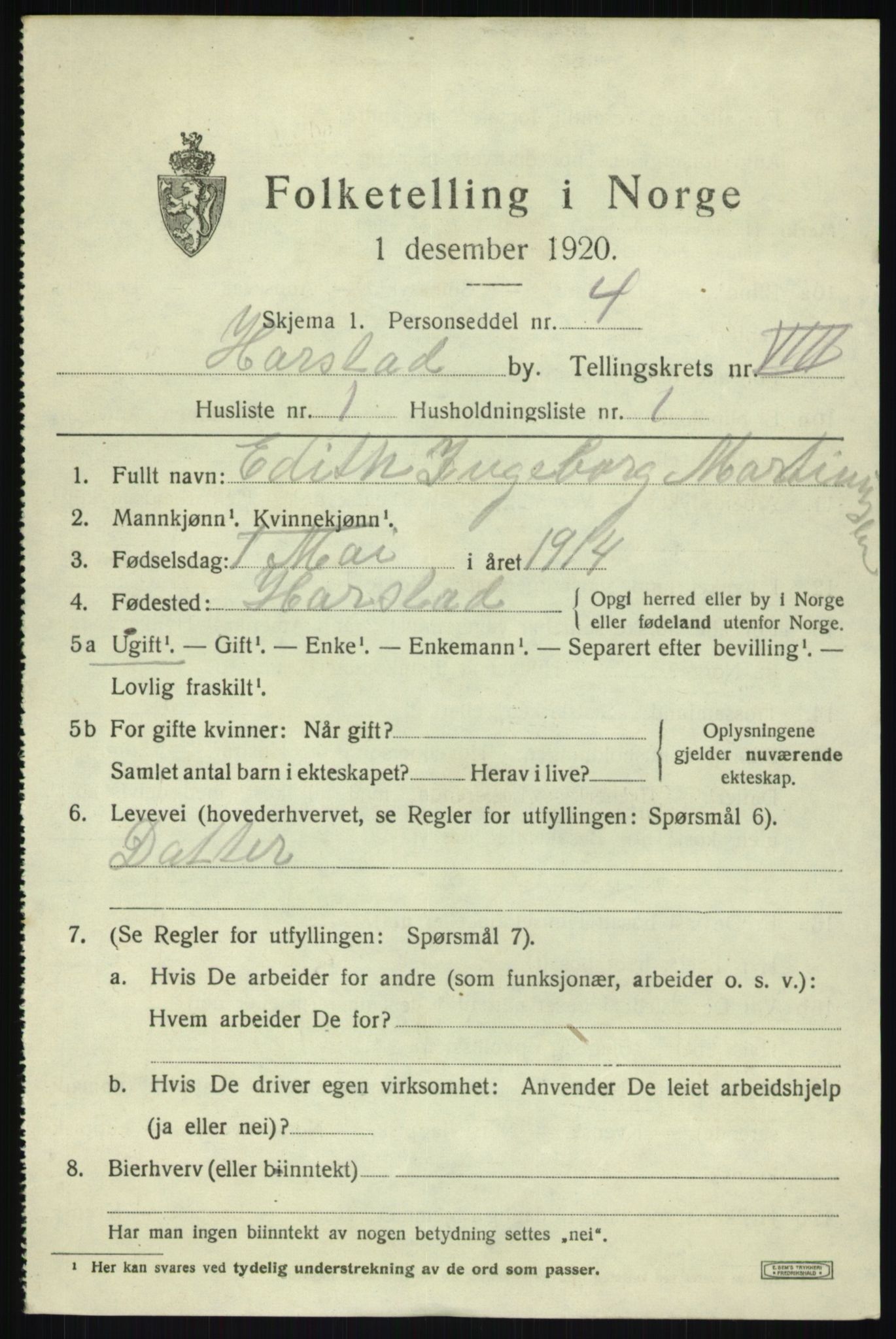 SATØ, 1920 census for Harstad, 1920, p. 8980