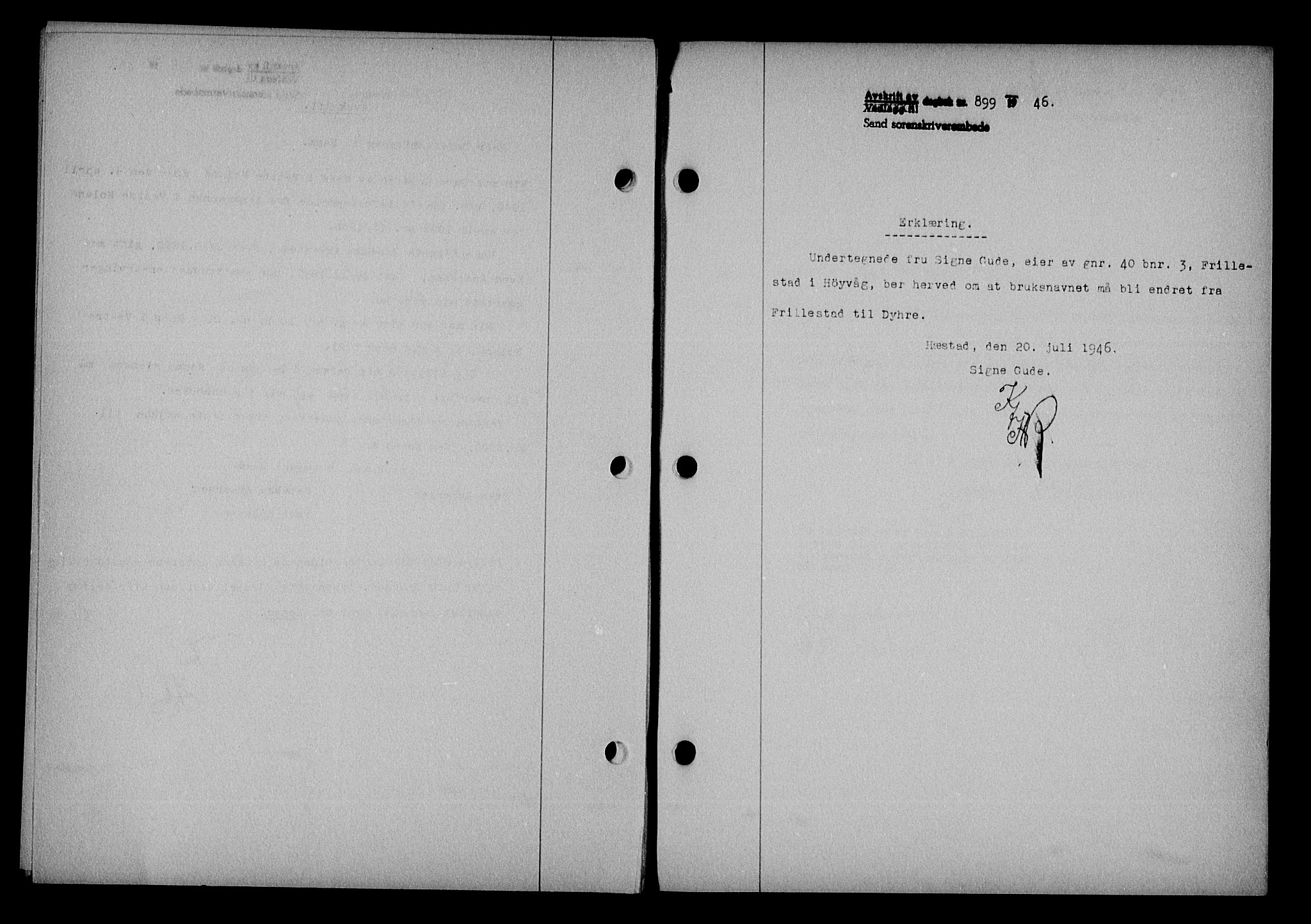 Vestre Nedenes/Sand sorenskriveri, AV/SAK-1221-0010/G/Gb/Gba/L0054: Mortgage book no. A 7, 1945-1946, Diary no: : 899/1946