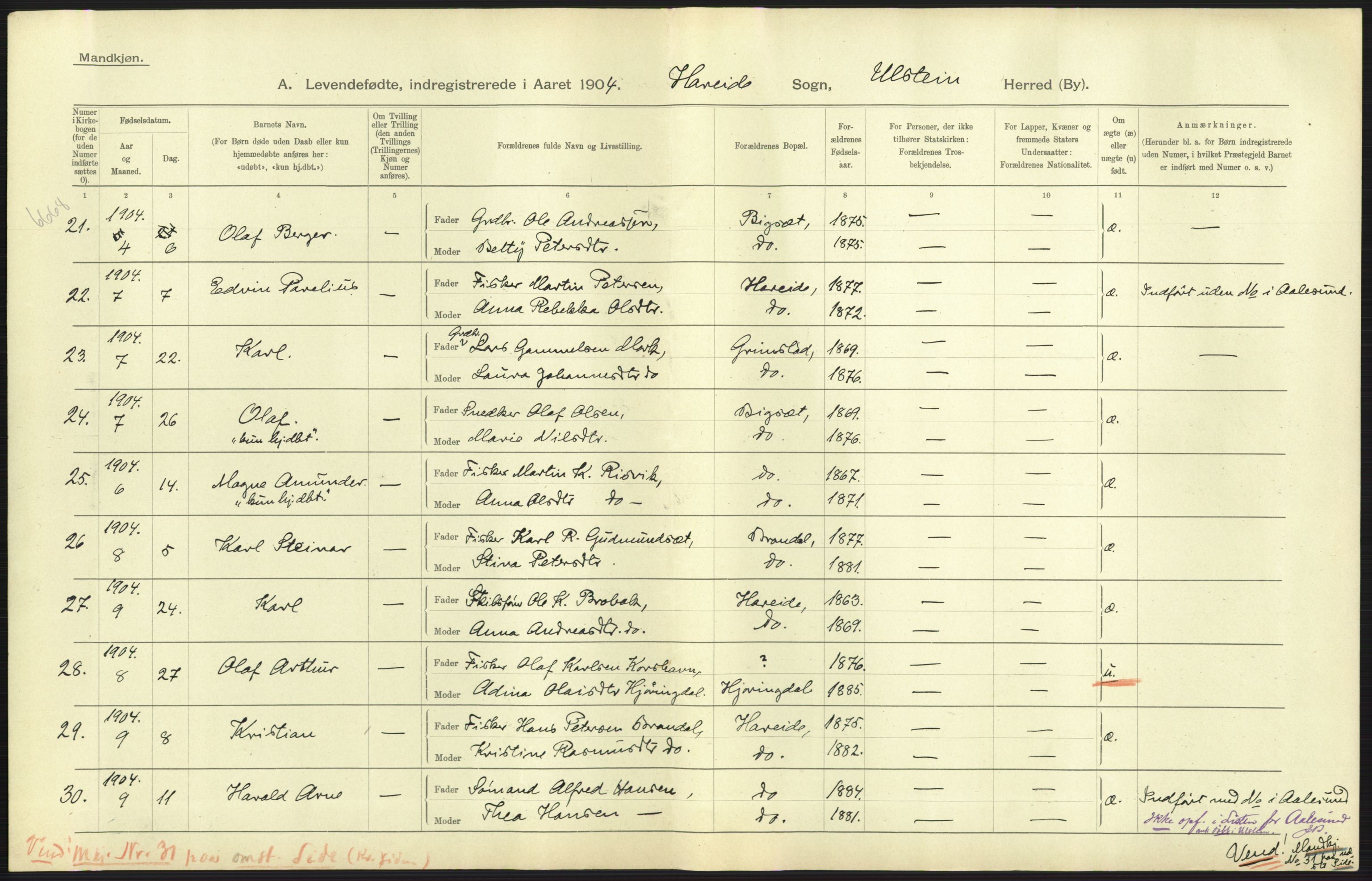 Statistisk sentralbyrå, Sosiodemografiske emner, Befolkning, AV/RA-S-2228/D/Df/Dfa/Dfab/L0016: Romsdals amt: Fødte, gifte, døde., 1904, p. 53