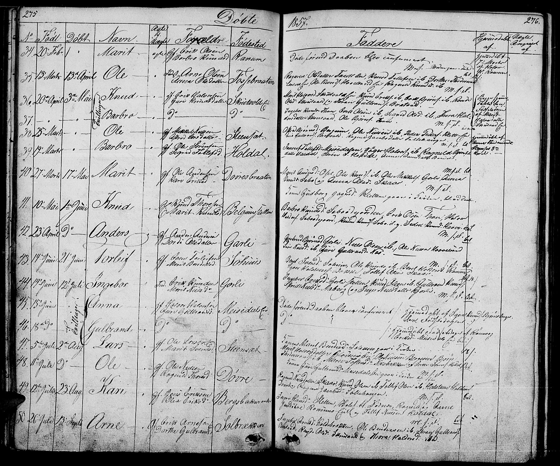 Nord-Aurdal prestekontor, AV/SAH-PREST-132/H/Ha/Hab/L0001: Parish register (copy) no. 1, 1834-1887, p. 275-276