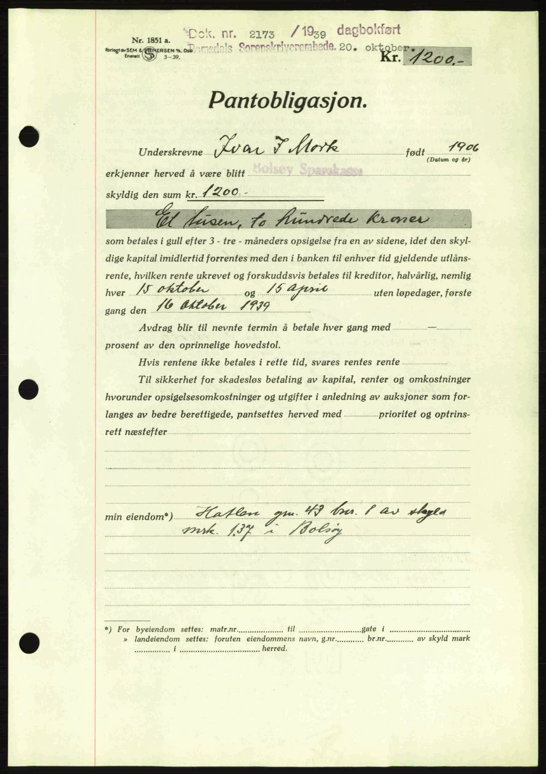 Romsdal sorenskriveri, AV/SAT-A-4149/1/2/2C: Mortgage book no. B2, 1939-1945, Diary no: : 2173/1939