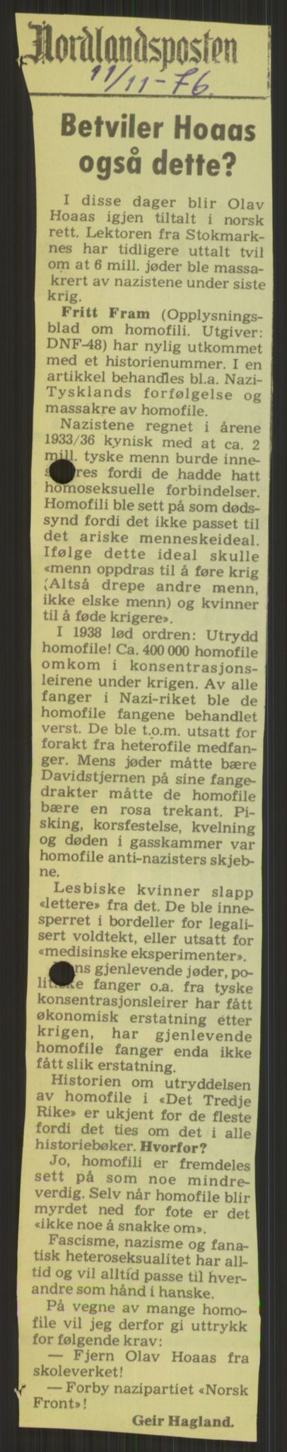 Det Norske Forbundet av 1948/Landsforeningen for Lesbisk og Homofil Frigjøring, RA/PA-1216/D/Dd/L0001: Diskriminering, 1973-1991, p. 131