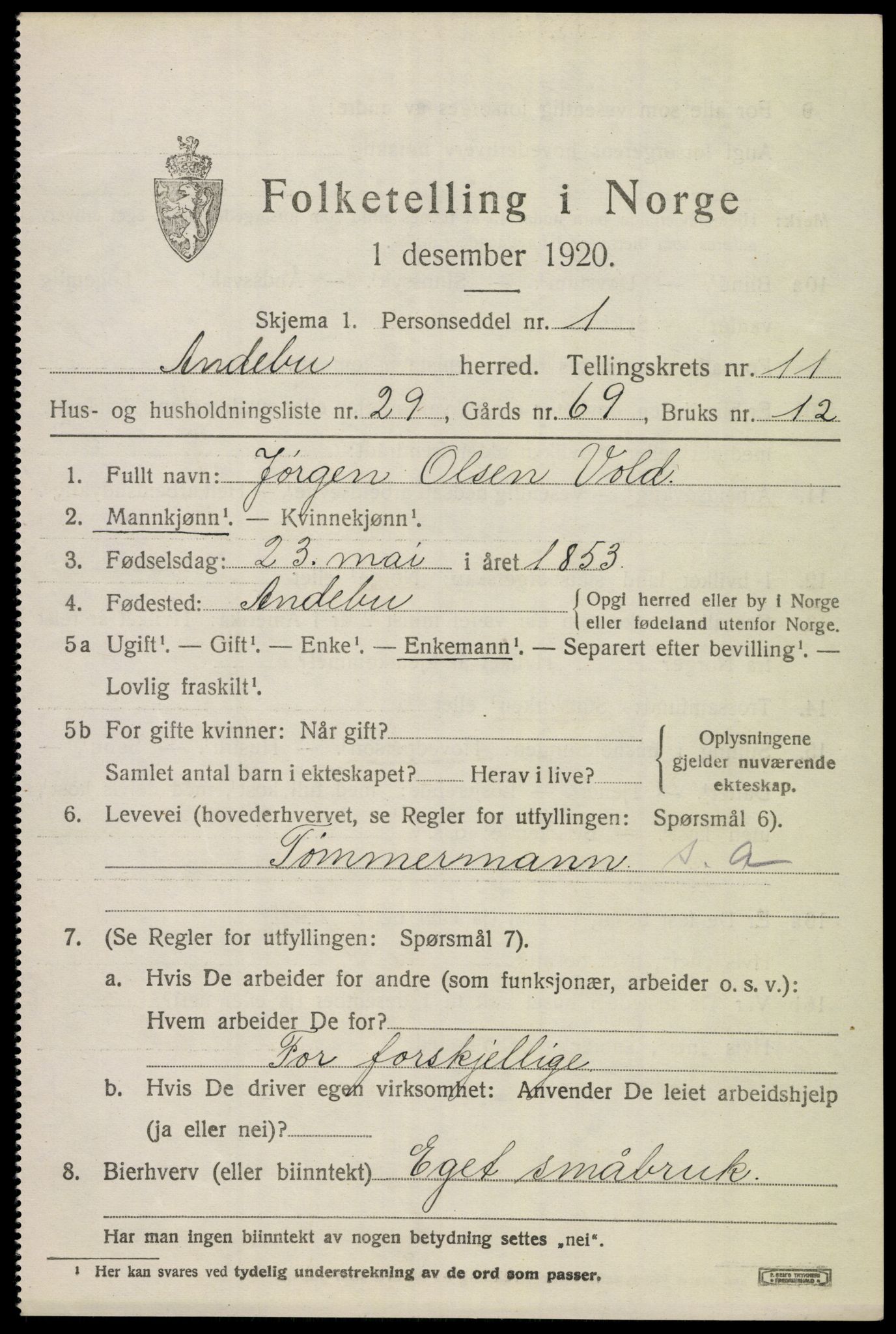 SAKO, 1920 census for Andebu, 1920, p. 4464