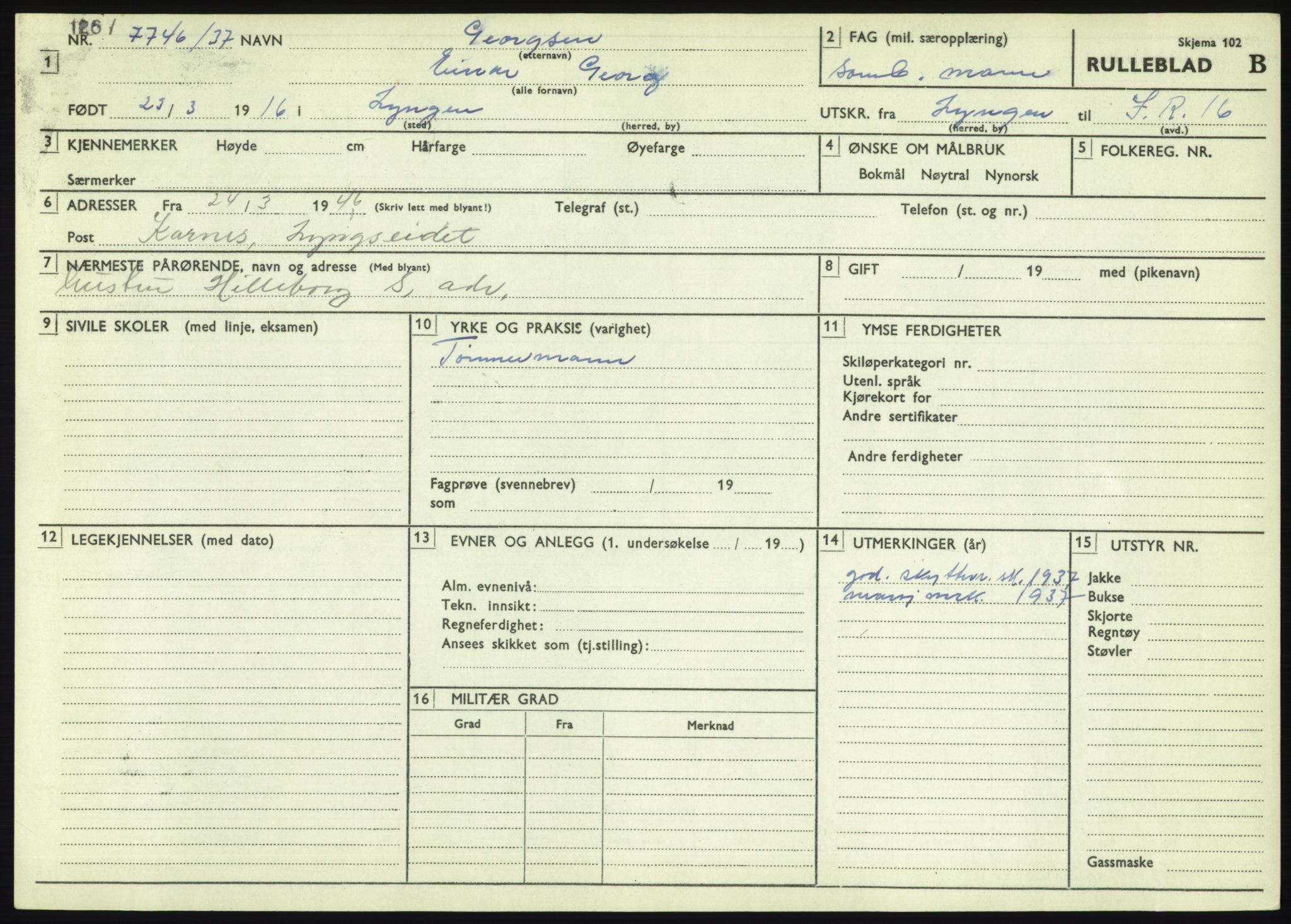 Forsvaret, Troms infanteriregiment nr. 16, AV/RA-RAFA-3146/P/Pa/L0021: Rulleblad for regimentets menige mannskaper, årsklasse 1937, 1937, p. 209