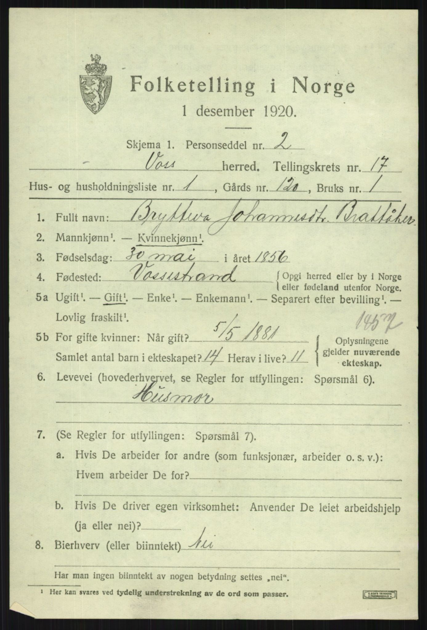 SAB, 1920 census for Voss, 1920, p. 13601