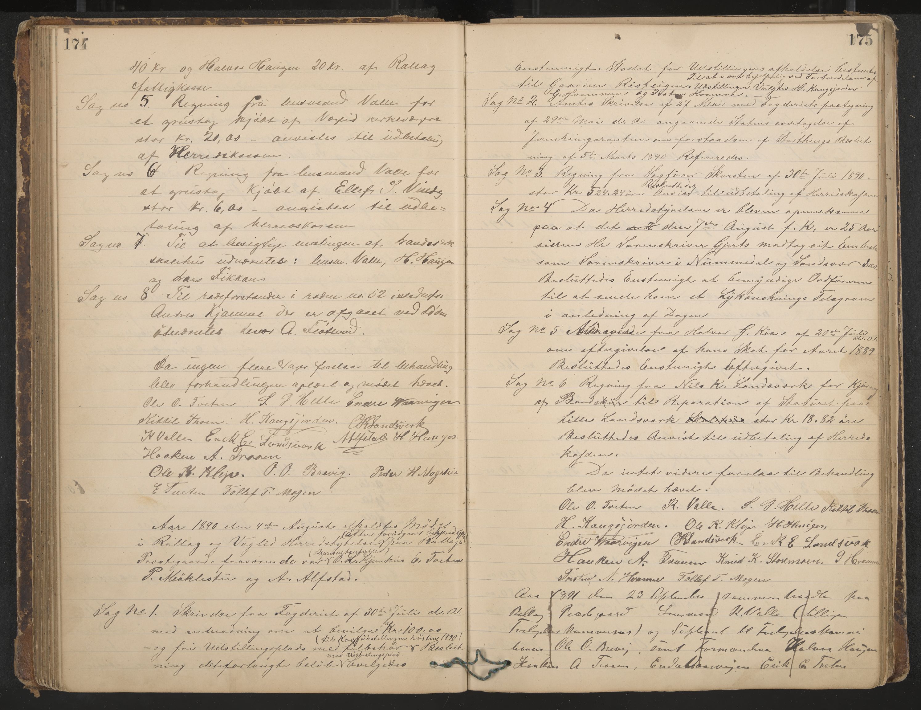 Rollag formannskap og sentraladministrasjon, IKAK/0632021-2/A/Aa/L0003: Møtebok, 1884-1897, p. 174-175