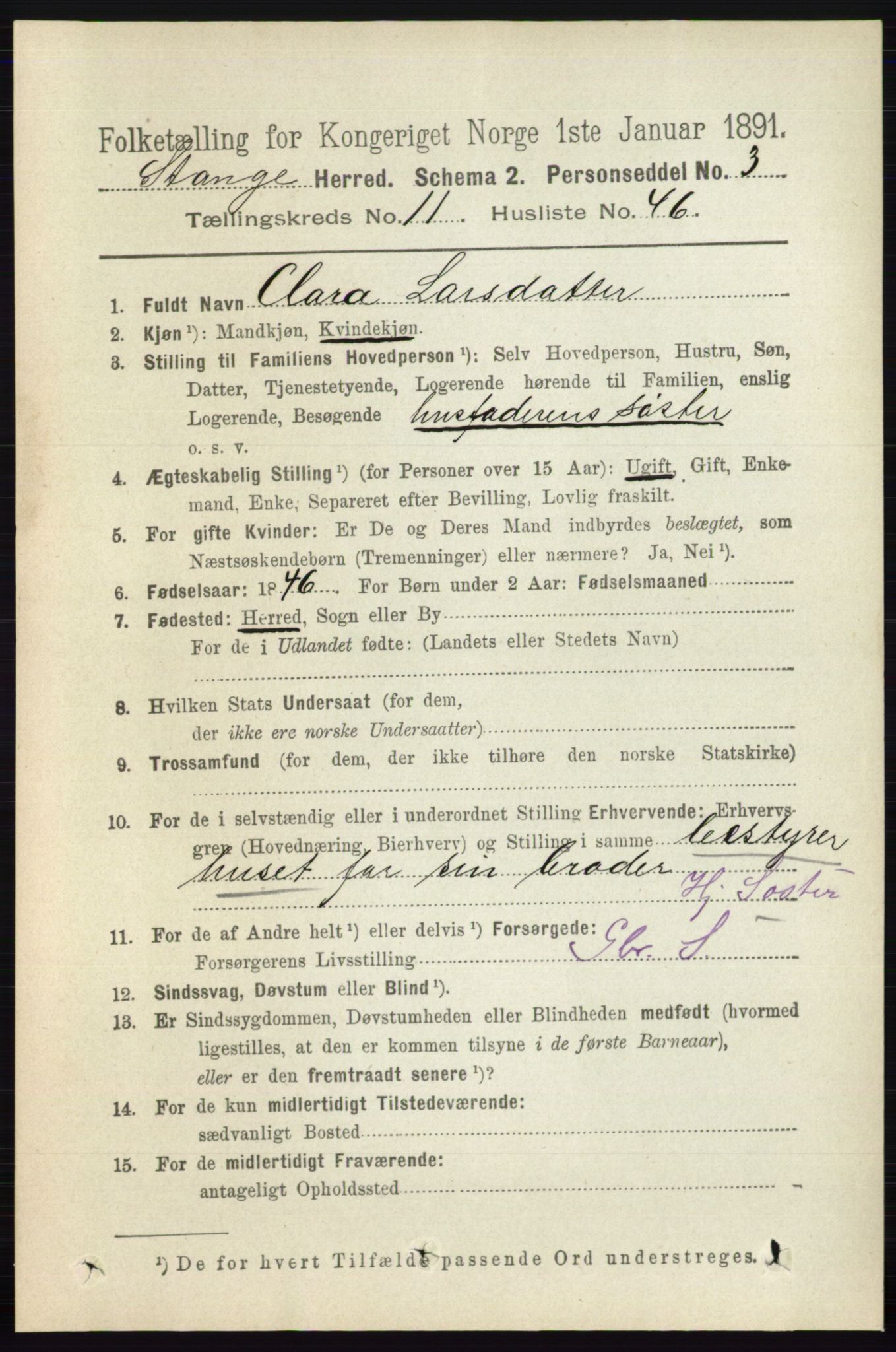 RA, 1891 census for 0417 Stange, 1891, p. 7741