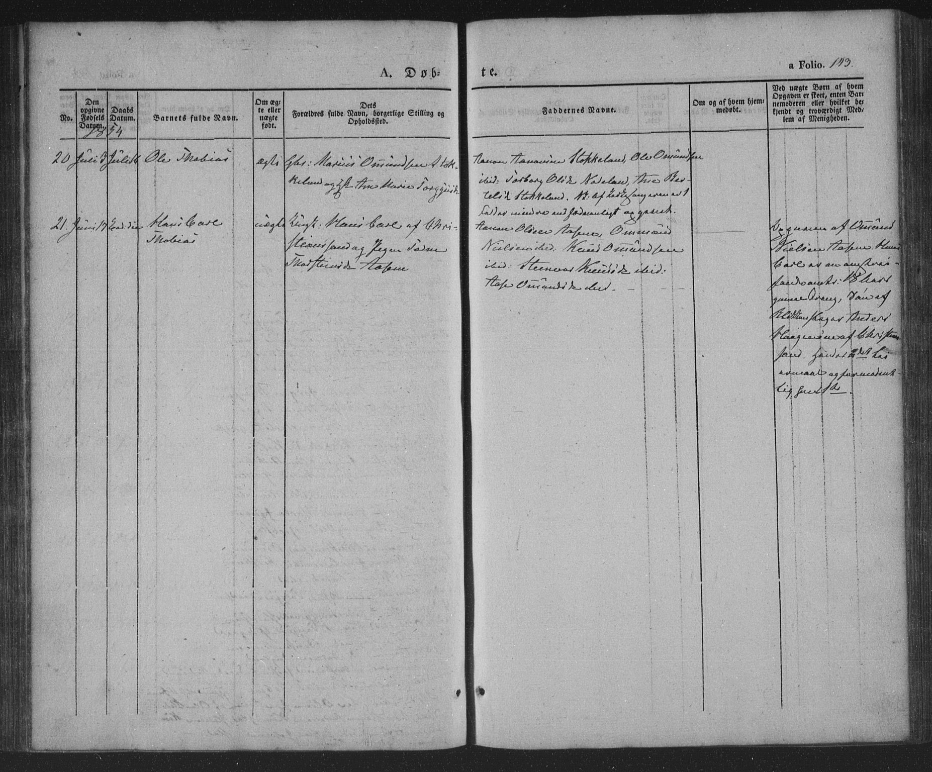 Søgne sokneprestkontor, AV/SAK-1111-0037/F/Fa/Fab/L0009: Parish register (official) no. A 9, 1838-1853, p. 143