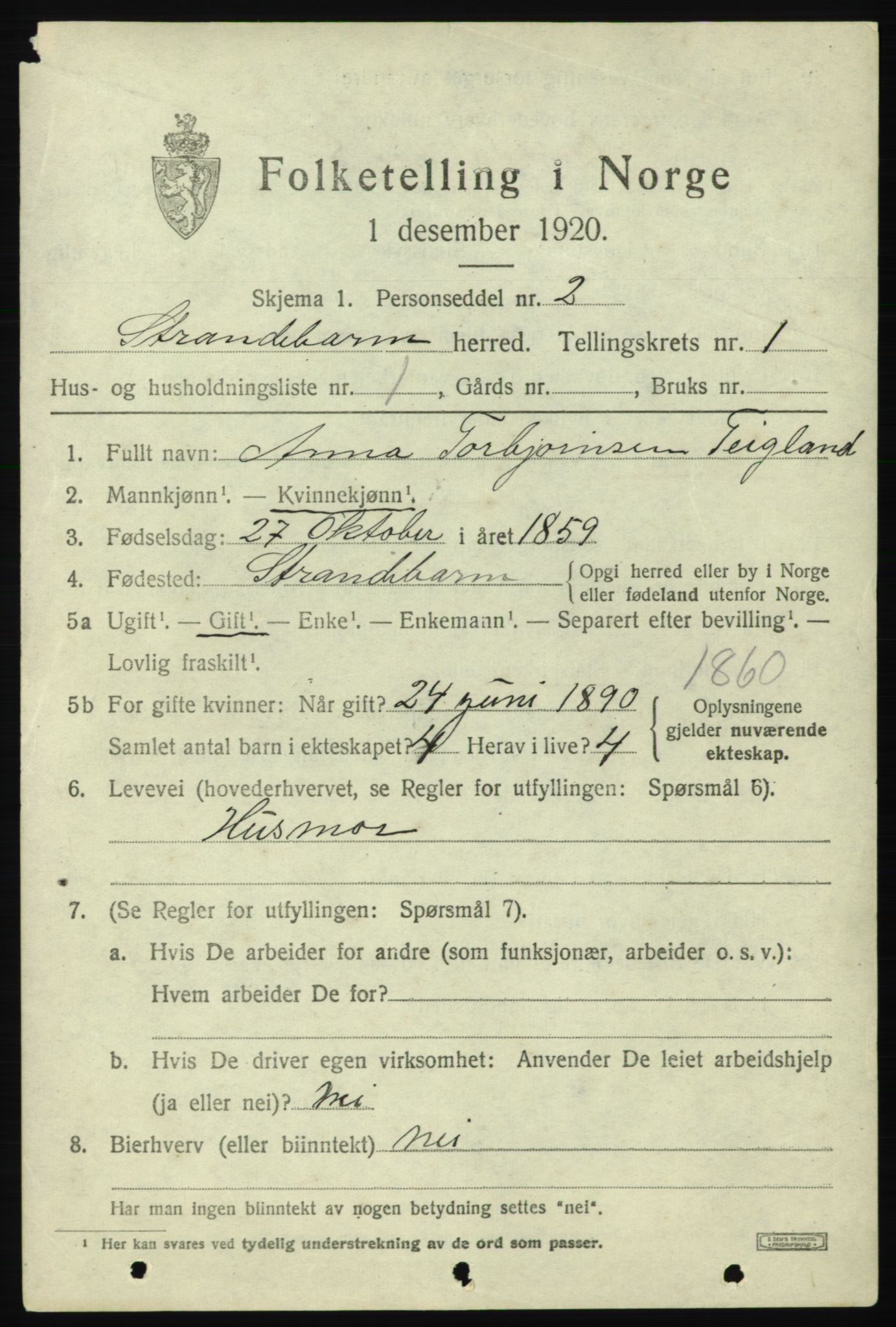 SAB, 1920 census for Strandebarm, 1920, p. 1266