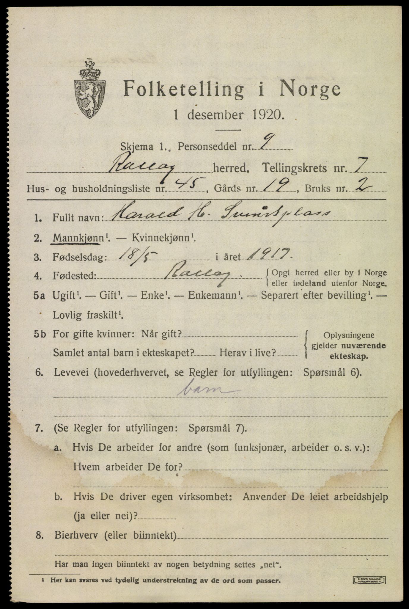 SAKO, 1920 census for Rollag, 1920, p. 2950