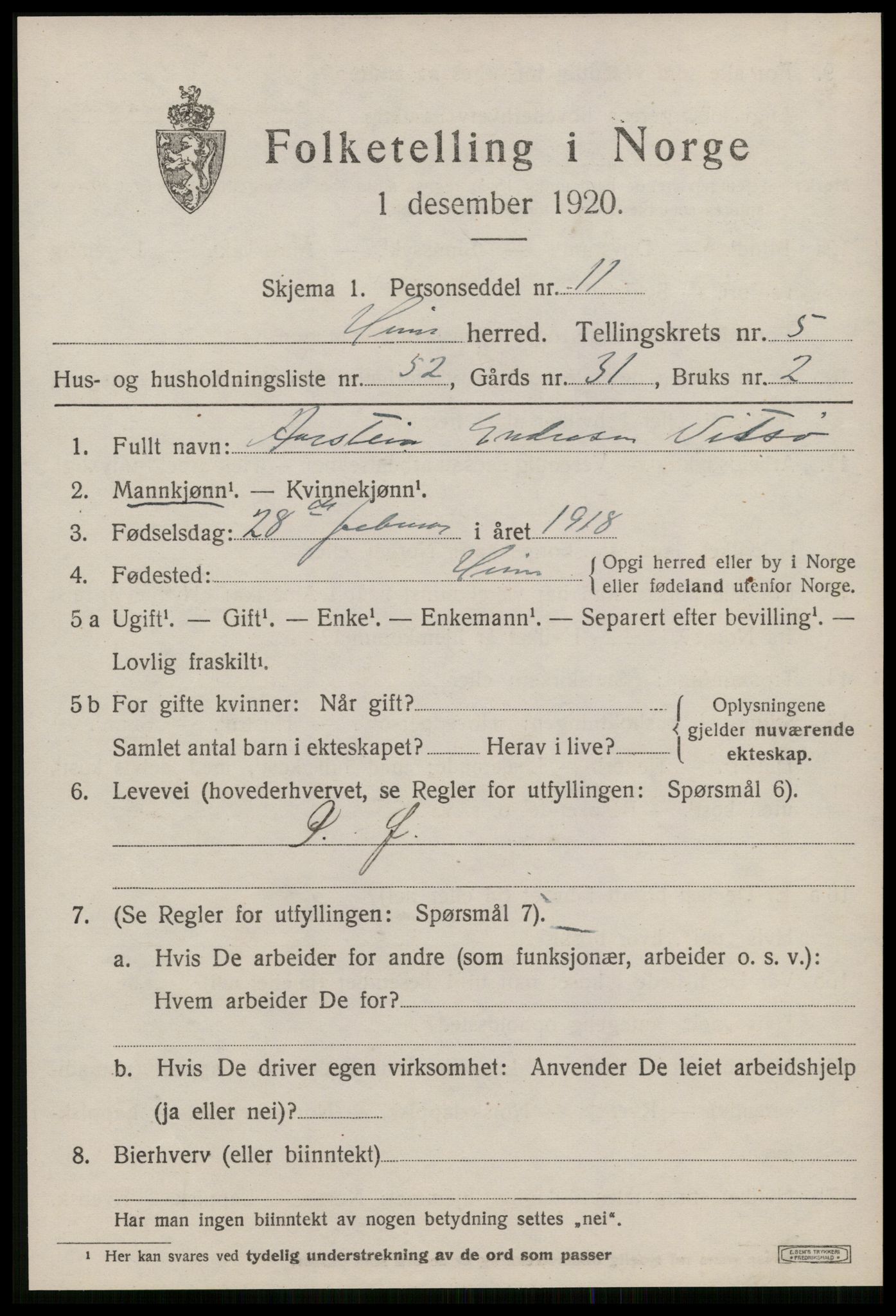 SAT, 1920 census for Heim, 1920, p. 2911